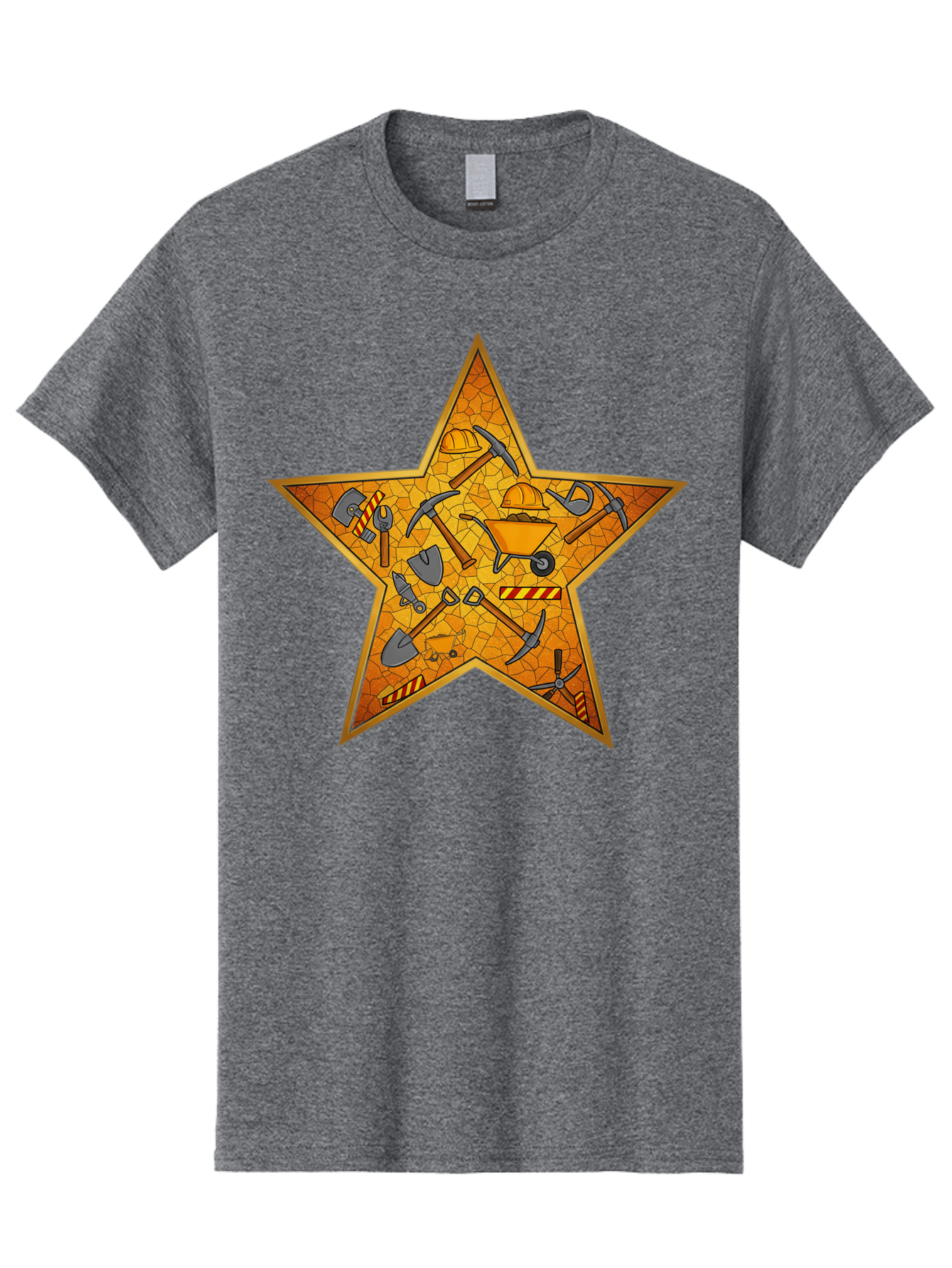 Construction-Tools-Star Men'S Graphic Tee, 100% Cotton, Comfortable Casual Summer Wear, Machine Washable, Construction Tools, Star Emblem, Hard Hat, Wheelbarrow, Shovels, Pickaxes, Hammers, Builder'S Equipment, Diy Symbol, Industrial Icon Bac891