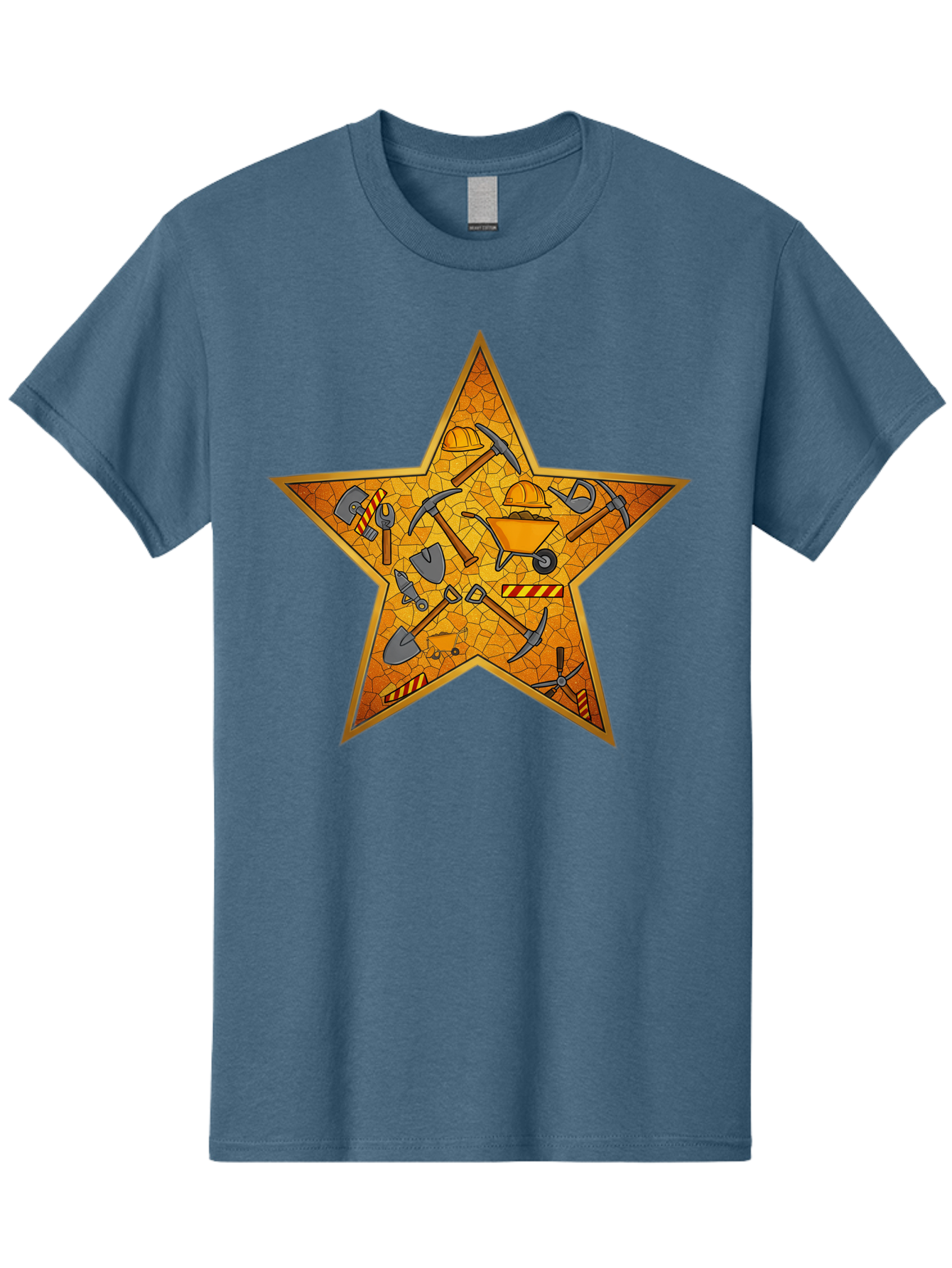 Construction-Tools-Star Men'S Graphic Tee, 100% Cotton, Comfortable Casual Summer Wear, Machine Washable, Construction Tools, Star Emblem, Hard Hat, Wheelbarrow, Shovels, Pickaxes, Hammers, Builder'S Equipment, Diy Symbol, Industrial Icon Bac891