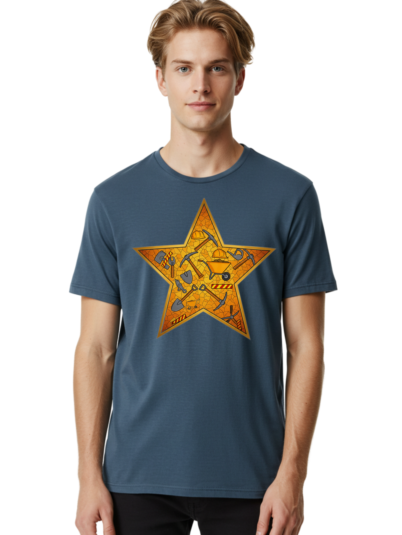 Construction-Tools-Star Men'S Graphic Tee, 100% Cotton, Comfortable Casual Summer Wear, Machine Washable, Construction Tools, Star Emblem, Hard Hat, Wheelbarrow, Shovels, Pickaxes, Hammers, Builder'S Equipment, Diy Symbol, Industrial Icon Bac891