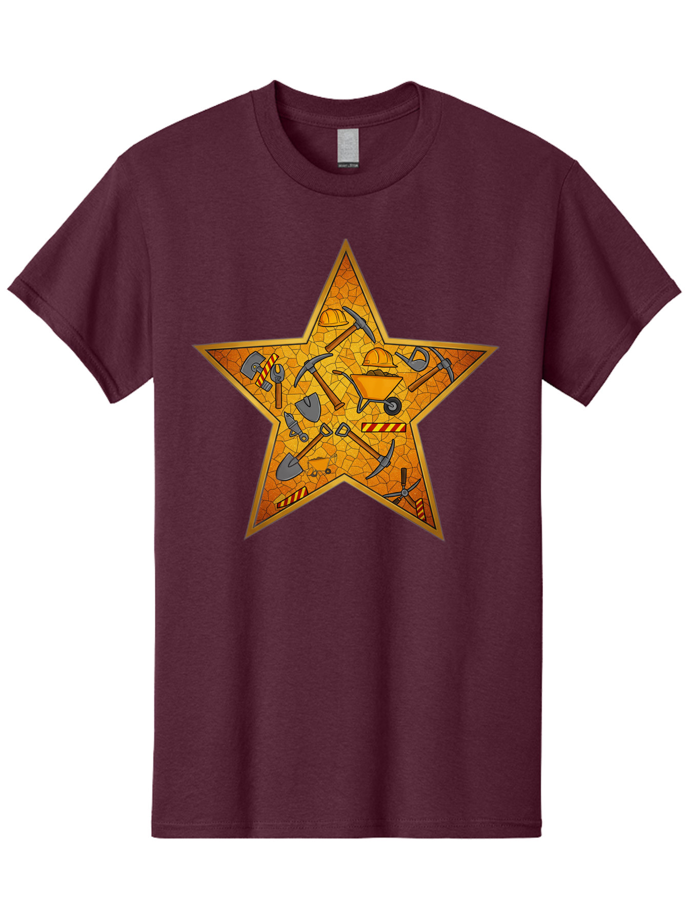 Construction-Tools-Star Men'S Graphic Tee, 100% Cotton, Comfortable Casual Summer Wear, Machine Washable, Construction Tools, Star Emblem, Hard Hat, Wheelbarrow, Shovels, Pickaxes, Hammers, Builder'S Equipment, Diy Symbol, Industrial Icon Bac891