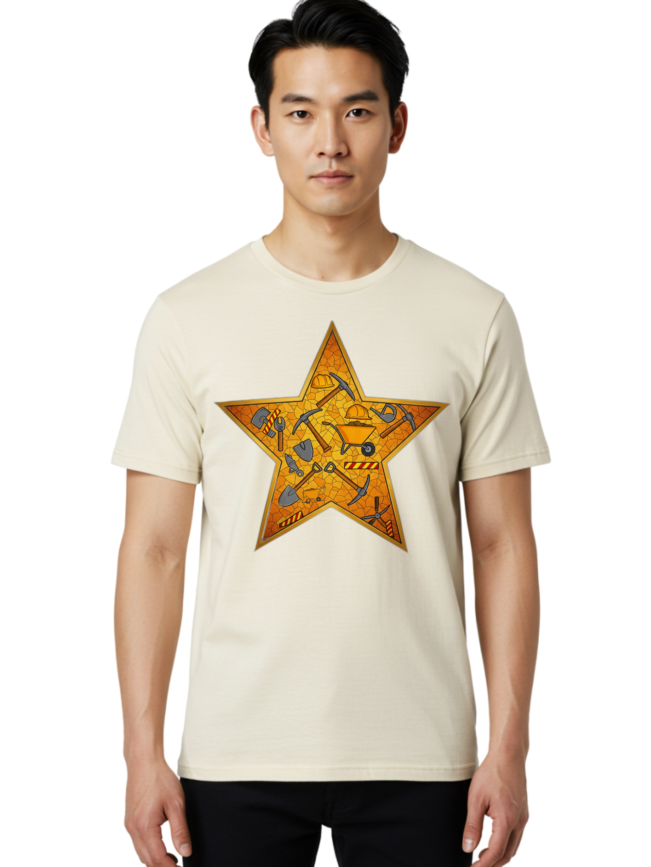 Construction-Tools-Star Men'S Graphic Tee, 100% Cotton, Comfortable Casual Summer Wear, Machine Washable, Construction Tools, Star Emblem, Hard Hat, Wheelbarrow, Shovels, Pickaxes, Hammers, Builder'S Equipment, Diy Symbol, Industrial Icon Bac891