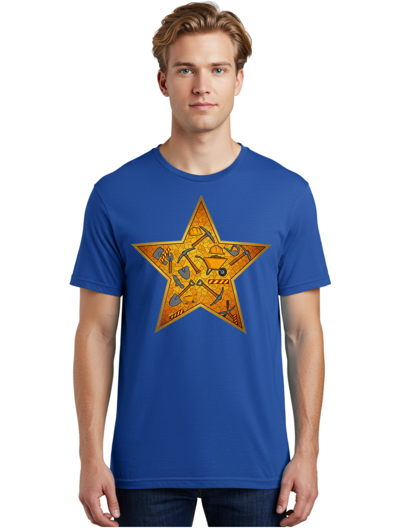 Construction-Tools-Star Men'S Graphic Tee, 100% Cotton, Comfortable Casual Summer Wear, Machine Washable, Construction Tools, Star Emblem, Hard Hat, Wheelbarrow, Shovels, Pickaxes, Hammers, Builder'S Equipment, Diy Symbol, Industrial Icon Bac891