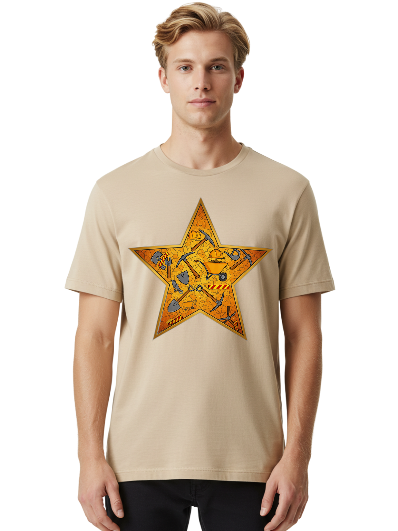 Construction-Tools-Star Men'S Graphic Tee, 100% Cotton, Comfortable Casual Summer Wear, Machine Washable, Construction Tools, Star Emblem, Hard Hat, Wheelbarrow, Shovels, Pickaxes, Hammers, Builder'S Equipment, Diy Symbol, Industrial Icon Bac891