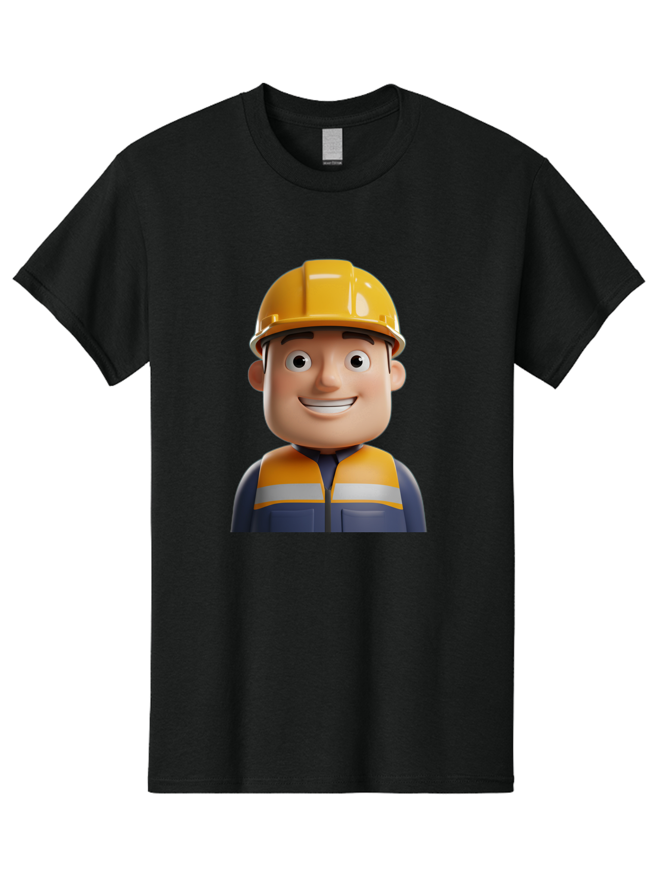 Construction-Worker-1 Men'S Graphic Tee, 100% Cotton, Comfortable Casual Summer Wear, Machine Washable, 3D Cartoon Character, Construction Worker, Hard Hat, Safety Vest, Reflective Stripes, Smiling Face, Blue Uniform, Yellow Helmet, Bac892