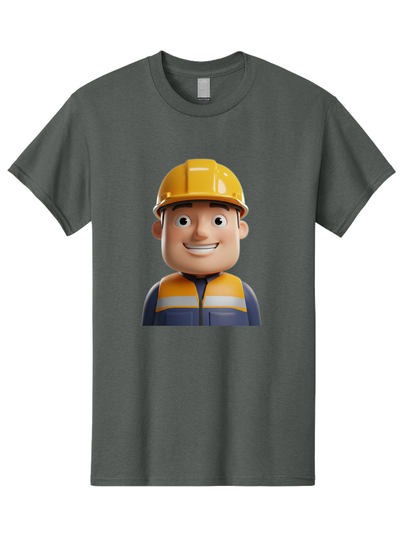 Construction-Worker-1 Men'S Graphic Tee, 100% Cotton, Comfortable Casual Summer Wear, Machine Washable, 3D Cartoon Character, Construction Worker, Hard Hat, Safety Vest, Reflective Stripes, Smiling Face, Blue Uniform, Yellow Helmet, Bac892