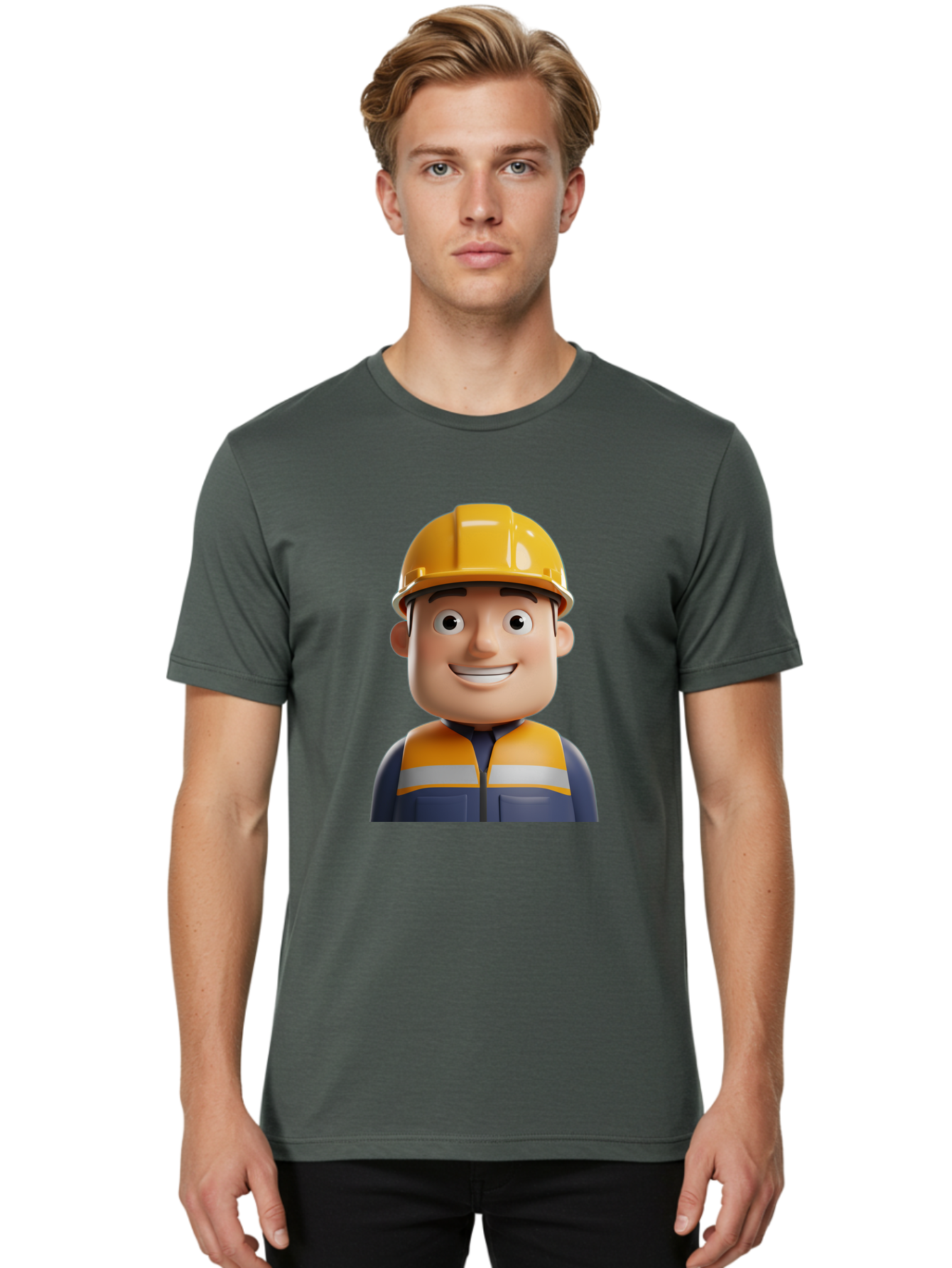 Construction-Worker-1 Men'S Graphic Tee, 100% Cotton, Comfortable Casual Summer Wear, Machine Washable, 3D Cartoon Character, Construction Worker, Hard Hat, Safety Vest, Reflective Stripes, Smiling Face, Blue Uniform, Yellow Helmet, Bac892