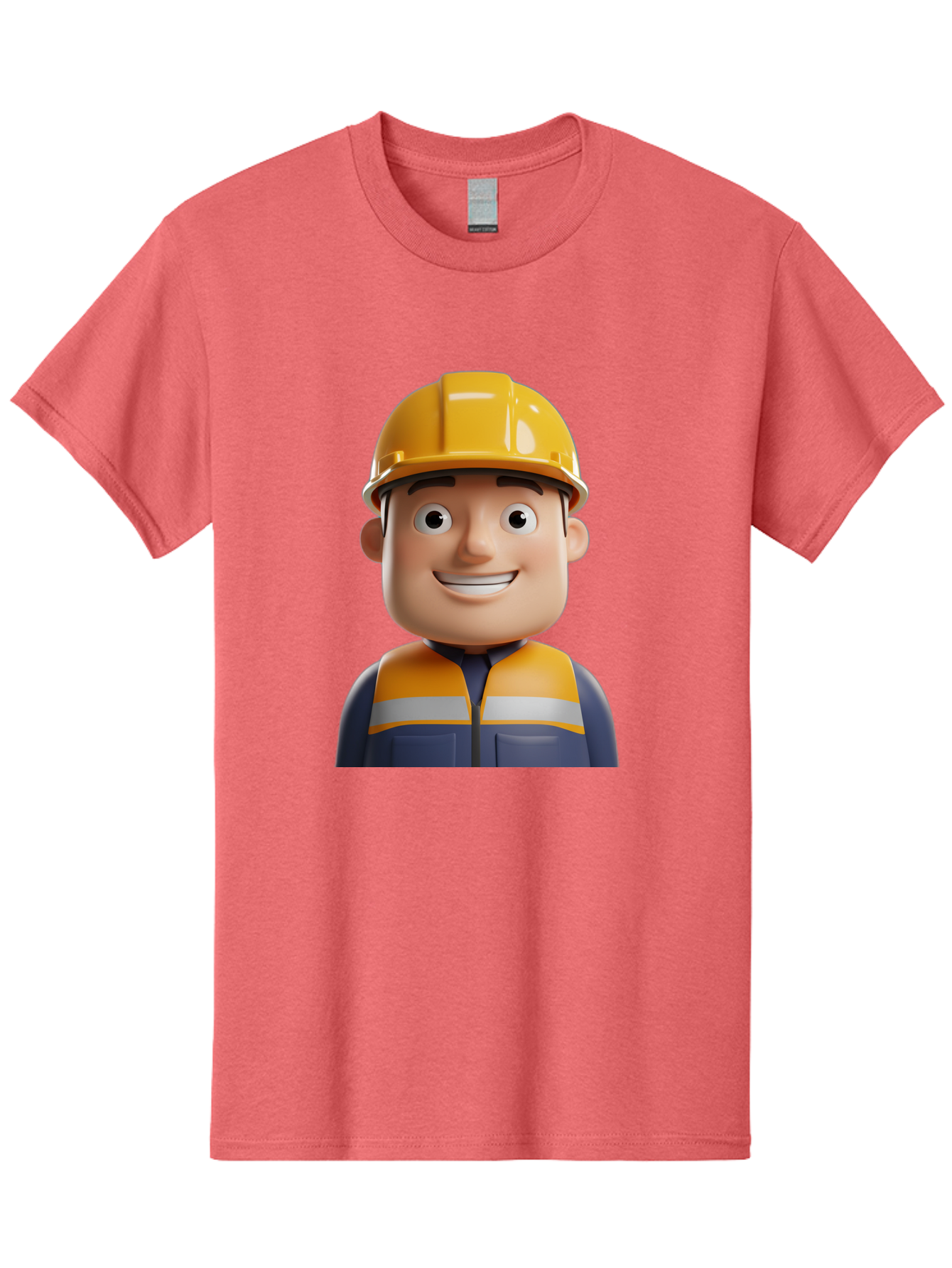 Construction-Worker-1 Men'S Graphic Tee, 100% Cotton, Comfortable Casual Summer Wear, Machine Washable, 3D Cartoon Character, Construction Worker, Hard Hat, Safety Vest, Reflective Stripes, Smiling Face, Blue Uniform, Yellow Helmet, Bac892