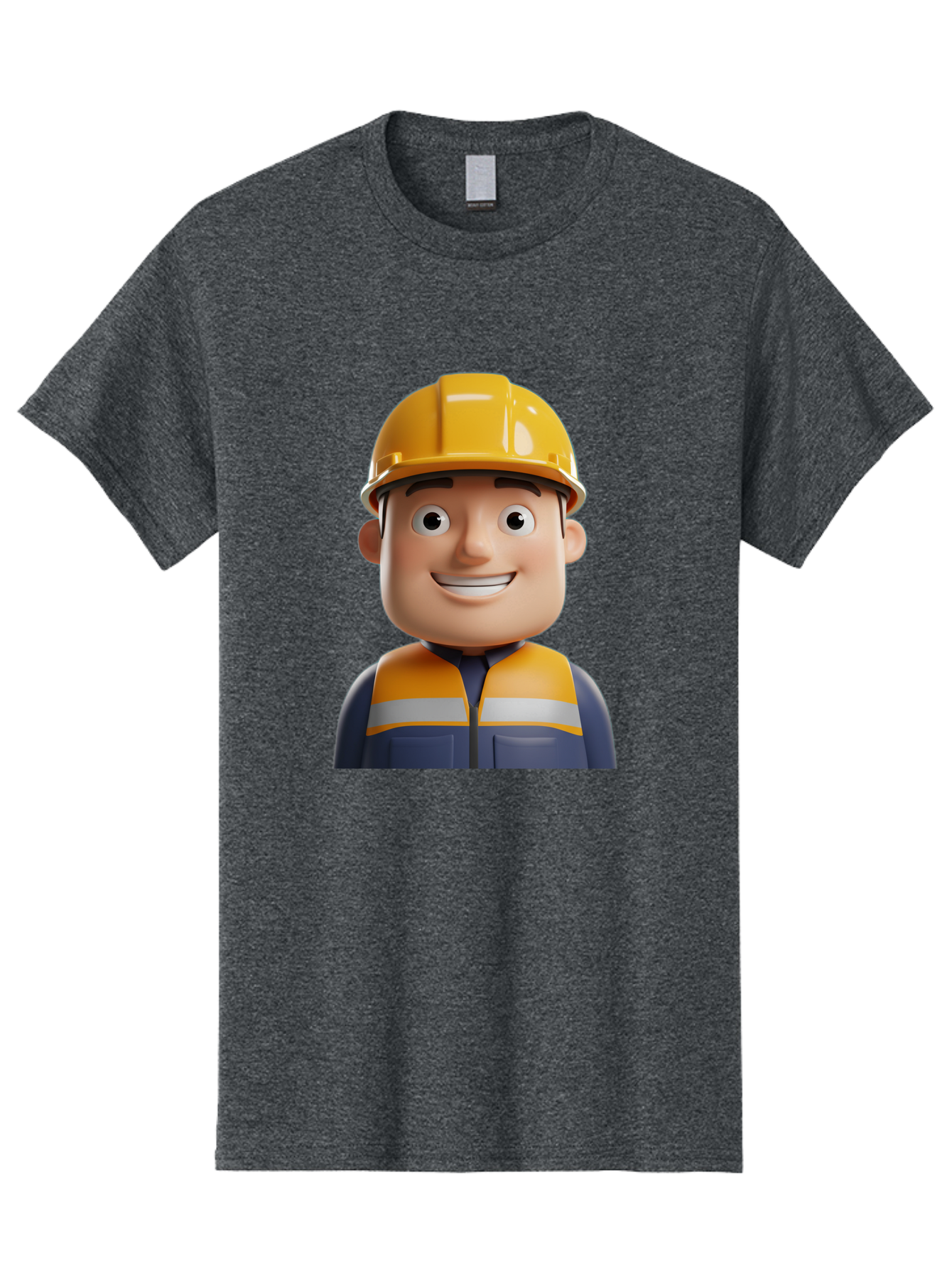 Construction-Worker-1 Men'S Graphic Tee, 100% Cotton, Comfortable Casual Summer Wear, Machine Washable, 3D Cartoon Character, Construction Worker, Hard Hat, Safety Vest, Reflective Stripes, Smiling Face, Blue Uniform, Yellow Helmet, Bac892