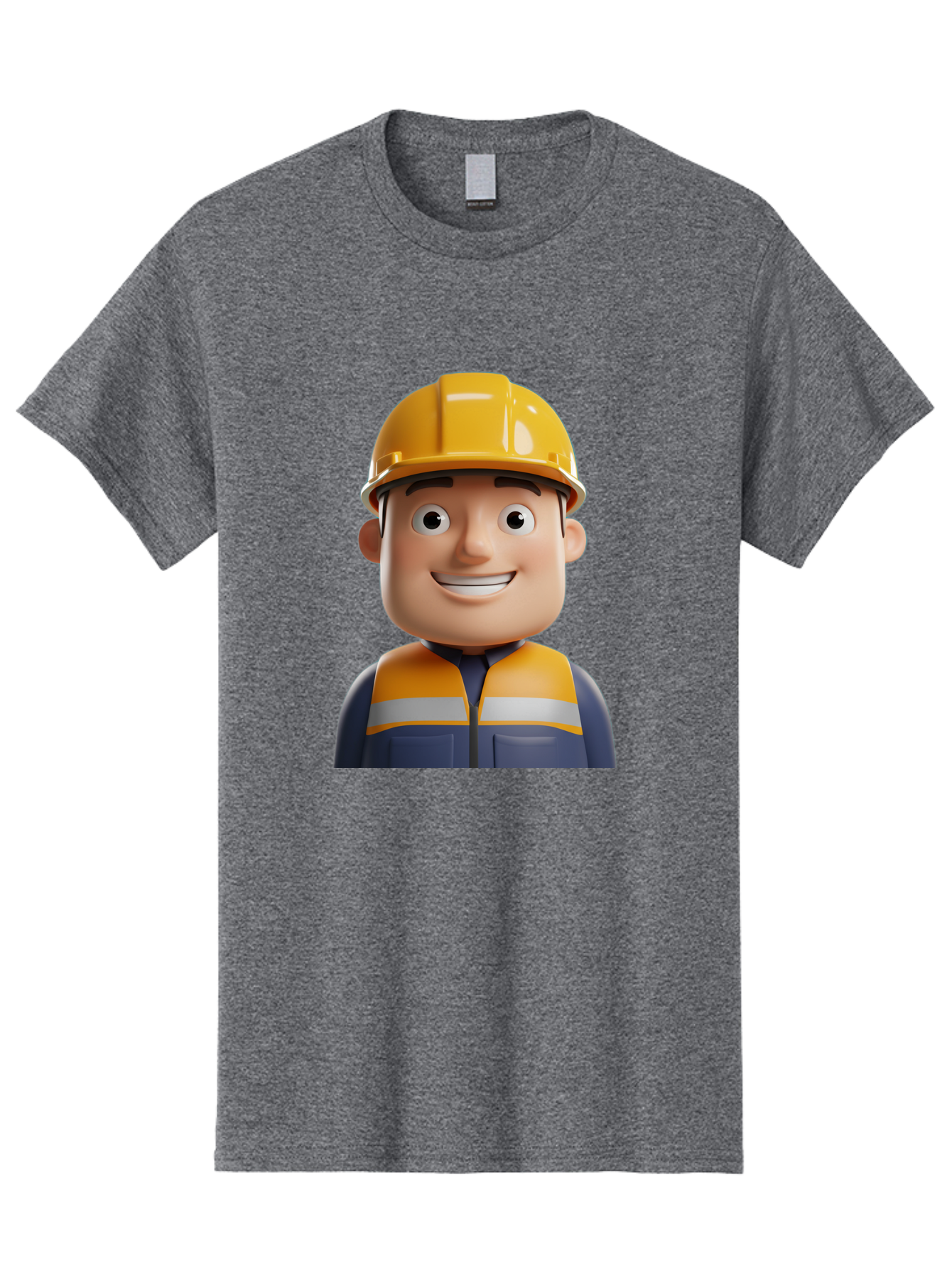 Construction-Worker-1 Men'S Graphic Tee, 100% Cotton, Comfortable Casual Summer Wear, Machine Washable, 3D Cartoon Character, Construction Worker, Hard Hat, Safety Vest, Reflective Stripes, Smiling Face, Blue Uniform, Yellow Helmet, Bac892
