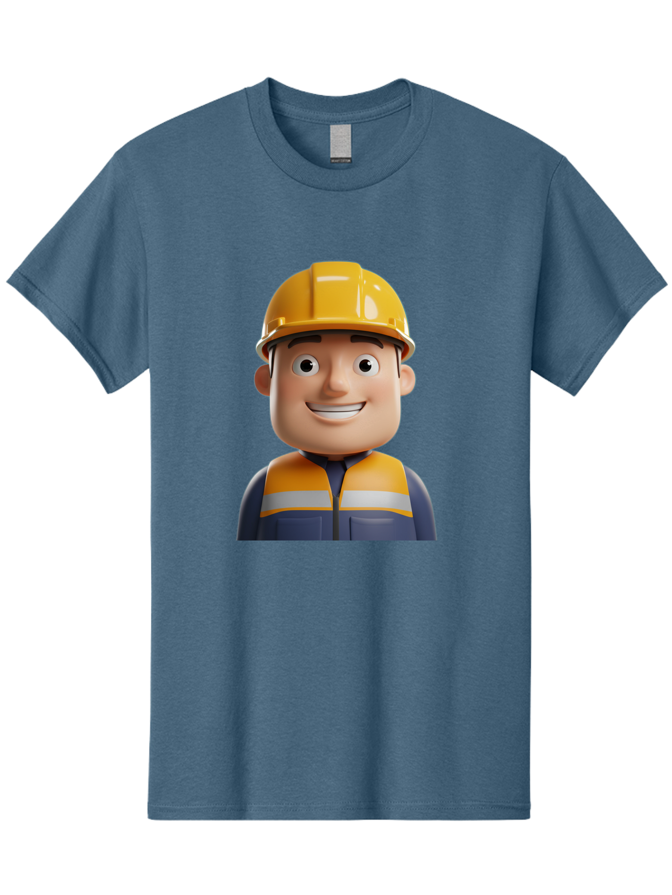 Construction-Worker-1 Men'S Graphic Tee, 100% Cotton, Comfortable Casual Summer Wear, Machine Washable, 3D Cartoon Character, Construction Worker, Hard Hat, Safety Vest, Reflective Stripes, Smiling Face, Blue Uniform, Yellow Helmet, Bac892