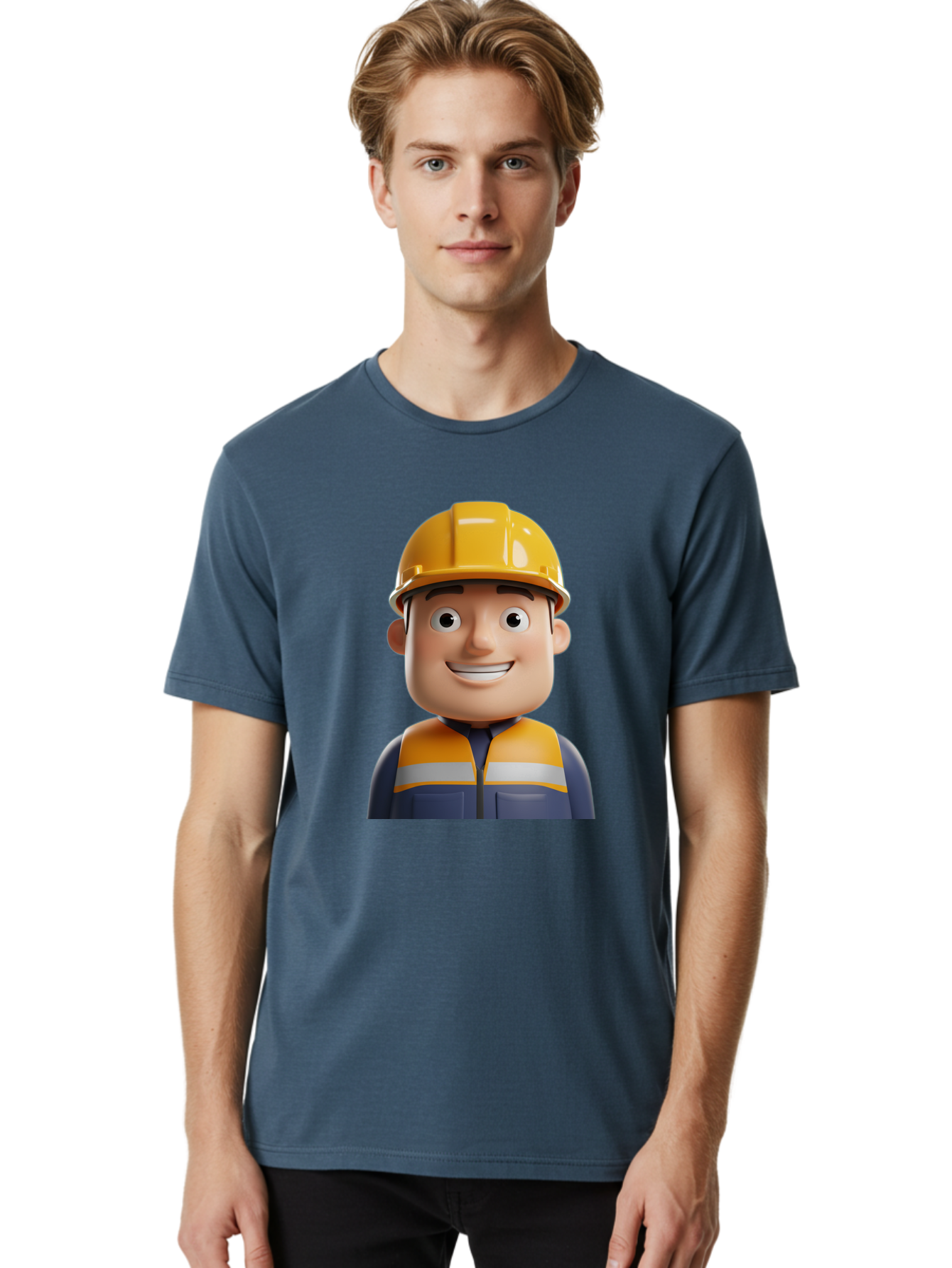 Construction-Worker-1 Men'S Graphic Tee, 100% Cotton, Comfortable Casual Summer Wear, Machine Washable, 3D Cartoon Character, Construction Worker, Hard Hat, Safety Vest, Reflective Stripes, Smiling Face, Blue Uniform, Yellow Helmet, Bac892