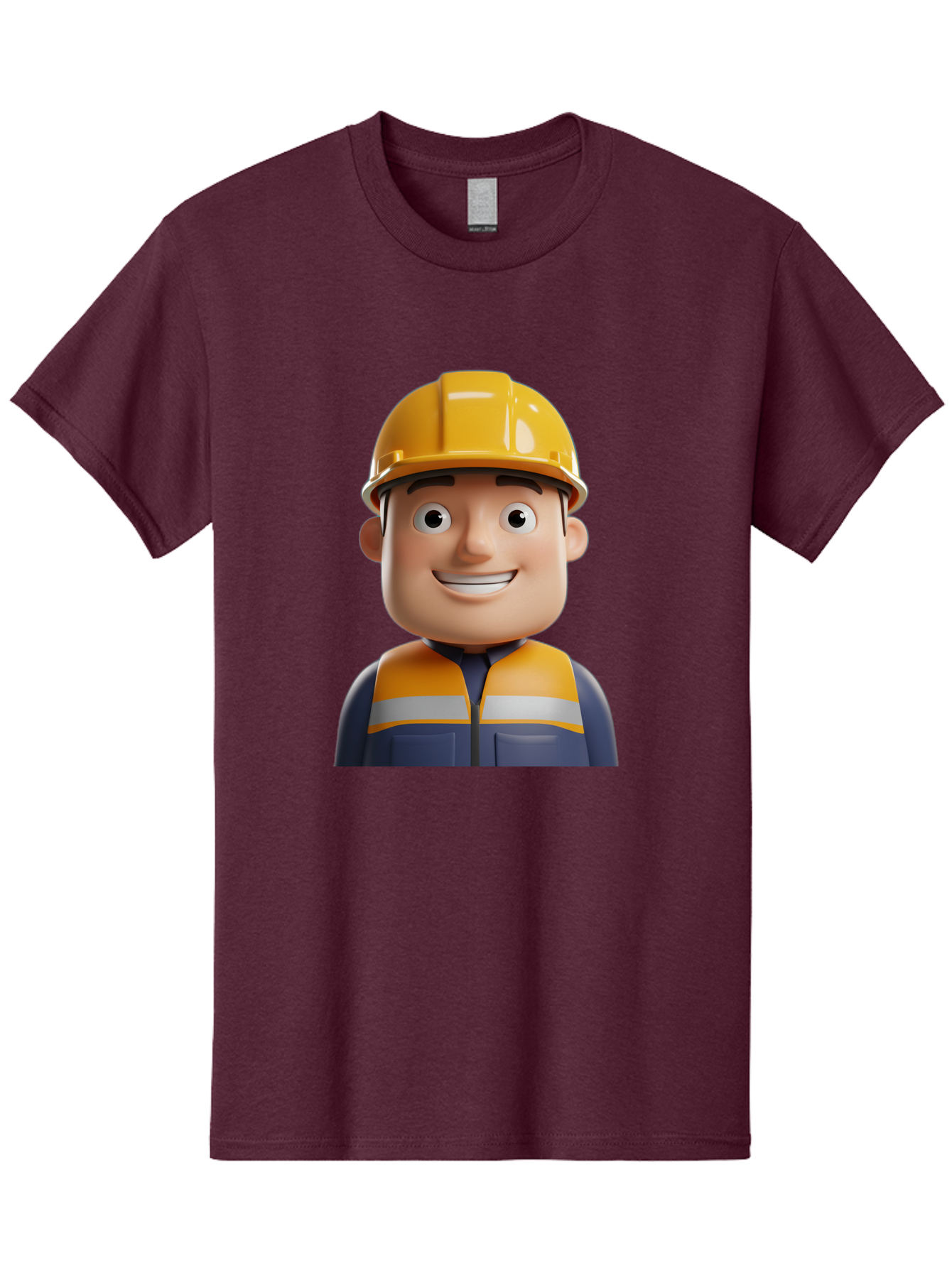 Construction-Worker-1 Men'S Graphic Tee, 100% Cotton, Comfortable Casual Summer Wear, Machine Washable, 3D Cartoon Character, Construction Worker, Hard Hat, Safety Vest, Reflective Stripes, Smiling Face, Blue Uniform, Yellow Helmet, Bac892