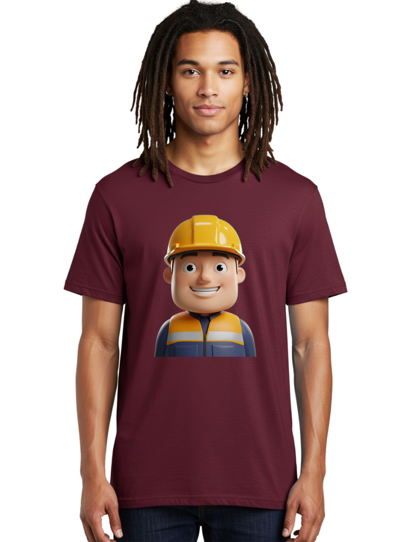 Construction-Worker-1 Men'S Graphic Tee, 100% Cotton, Comfortable Casual Summer Wear, Machine Washable, 3D Cartoon Character, Construction Worker, Hard Hat, Safety Vest, Reflective Stripes, Smiling Face, Blue Uniform, Yellow Helmet, Bac892