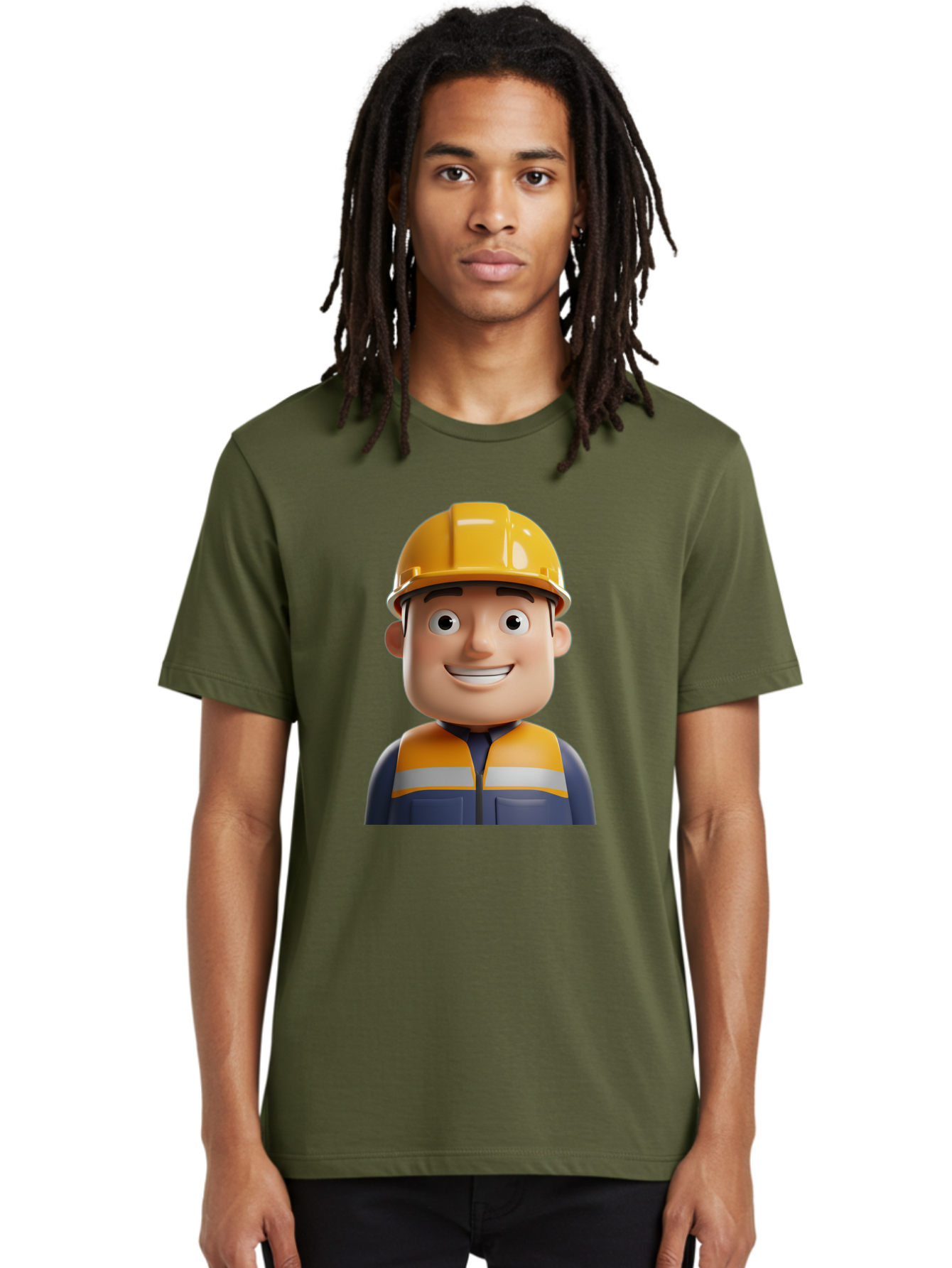 Construction-Worker-1 Men'S Graphic Tee, 100% Cotton, Comfortable Casual Summer Wear, Machine Washable, 3D Cartoon Character, Construction Worker, Hard Hat, Safety Vest, Reflective Stripes, Smiling Face, Blue Uniform, Yellow Helmet, Bac892