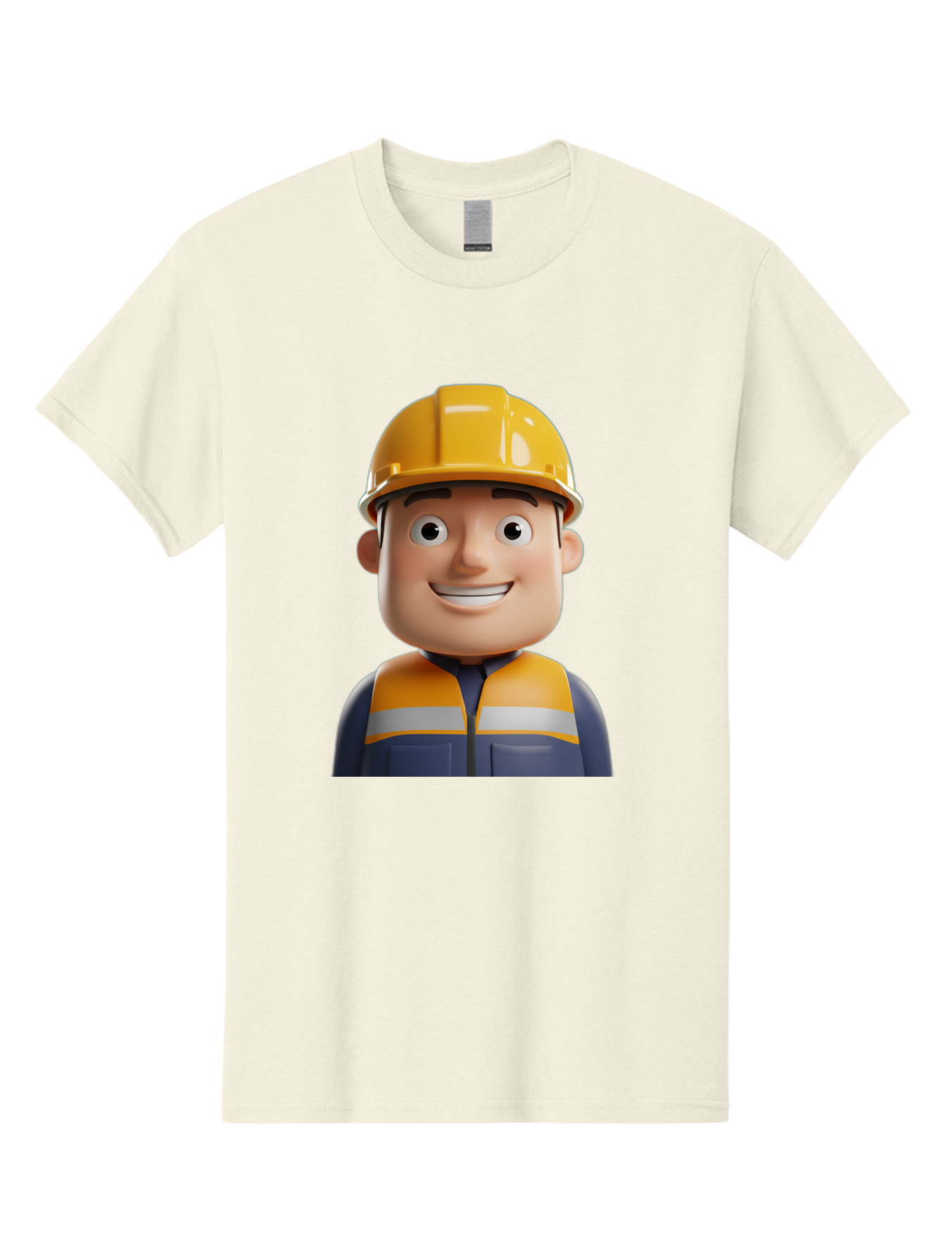 Construction-Worker-1 Men'S Graphic Tee, 100% Cotton, Comfortable Casual Summer Wear, Machine Washable, 3D Cartoon Character, Construction Worker, Hard Hat, Safety Vest, Reflective Stripes, Smiling Face, Blue Uniform, Yellow Helmet, Bac892
