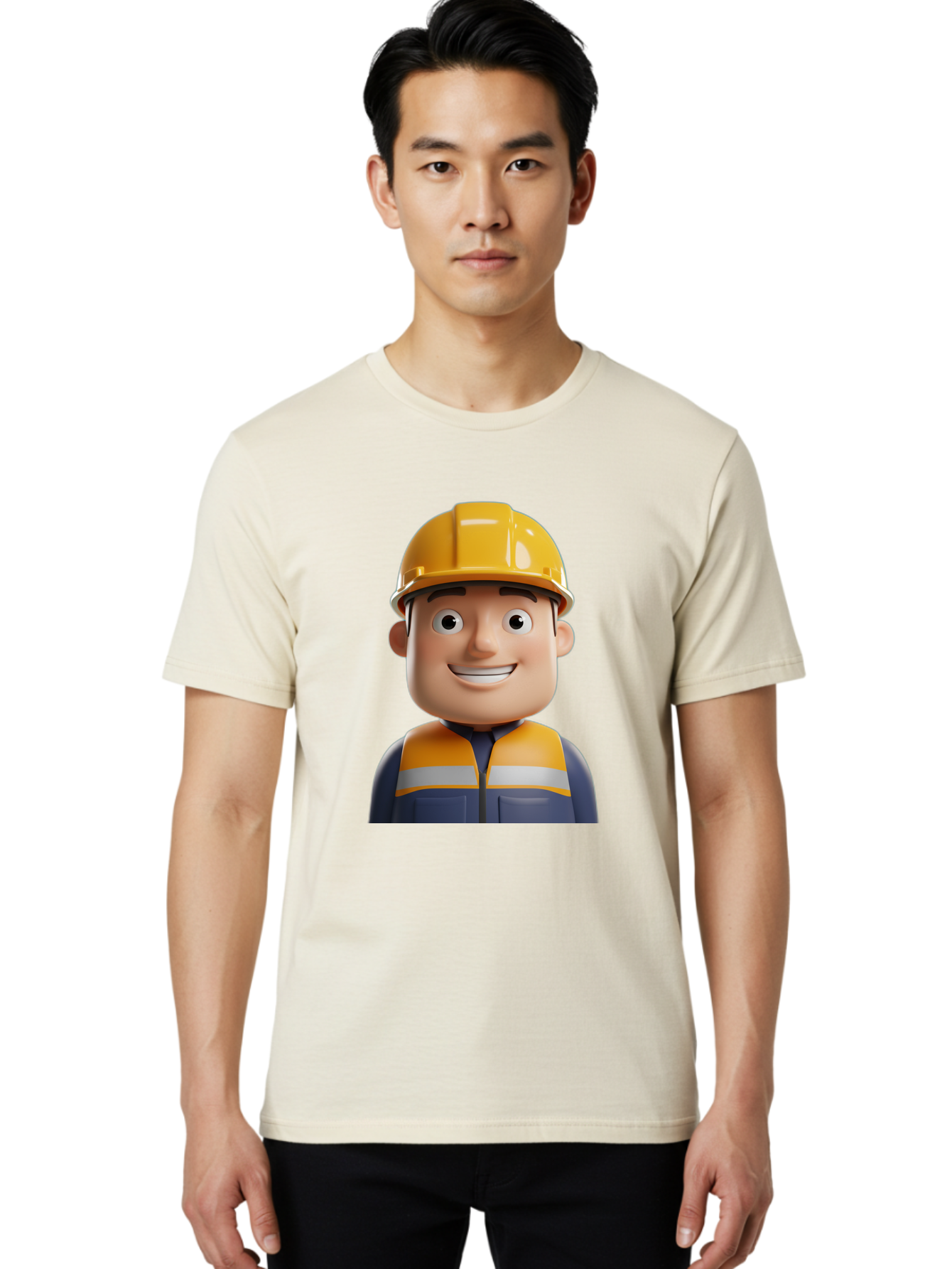 Construction-Worker-1 Men'S Graphic Tee, 100% Cotton, Comfortable Casual Summer Wear, Machine Washable, 3D Cartoon Character, Construction Worker, Hard Hat, Safety Vest, Reflective Stripes, Smiling Face, Blue Uniform, Yellow Helmet, Bac892