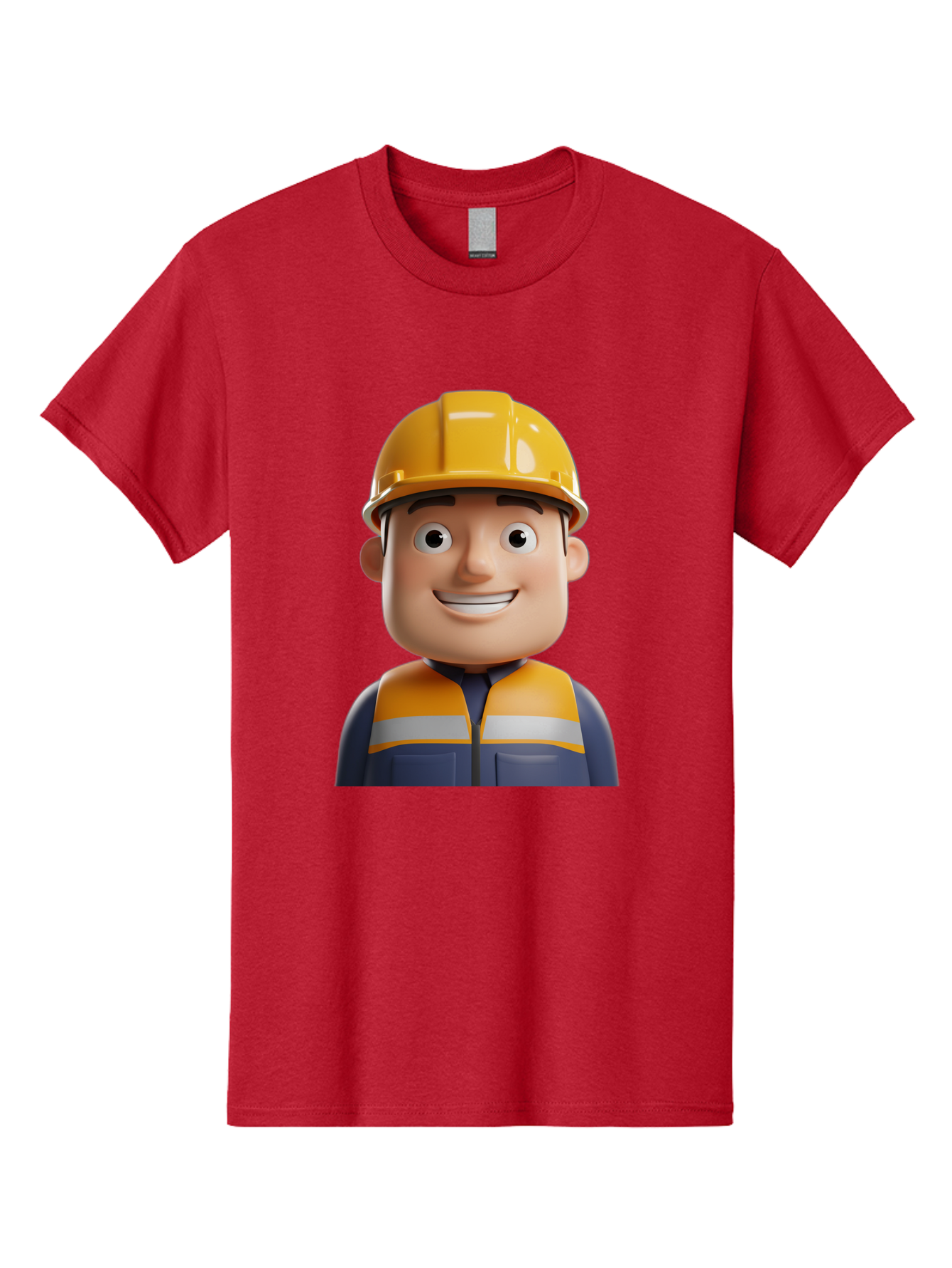 Construction-Worker-1 Men'S Graphic Tee, 100% Cotton, Comfortable Casual Summer Wear, Machine Washable, 3D Cartoon Character, Construction Worker, Hard Hat, Safety Vest, Reflective Stripes, Smiling Face, Blue Uniform, Yellow Helmet, Bac892
