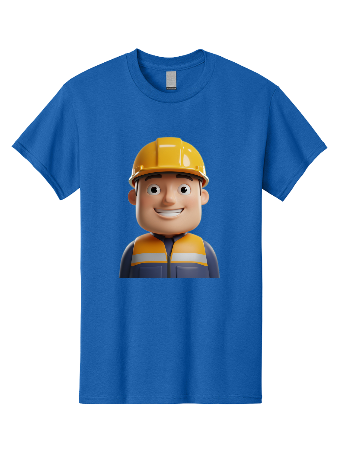 Construction-Worker-1 Men'S Graphic Tee, 100% Cotton, Comfortable Casual Summer Wear, Machine Washable, 3D Cartoon Character, Construction Worker, Hard Hat, Safety Vest, Reflective Stripes, Smiling Face, Blue Uniform, Yellow Helmet, Bac892