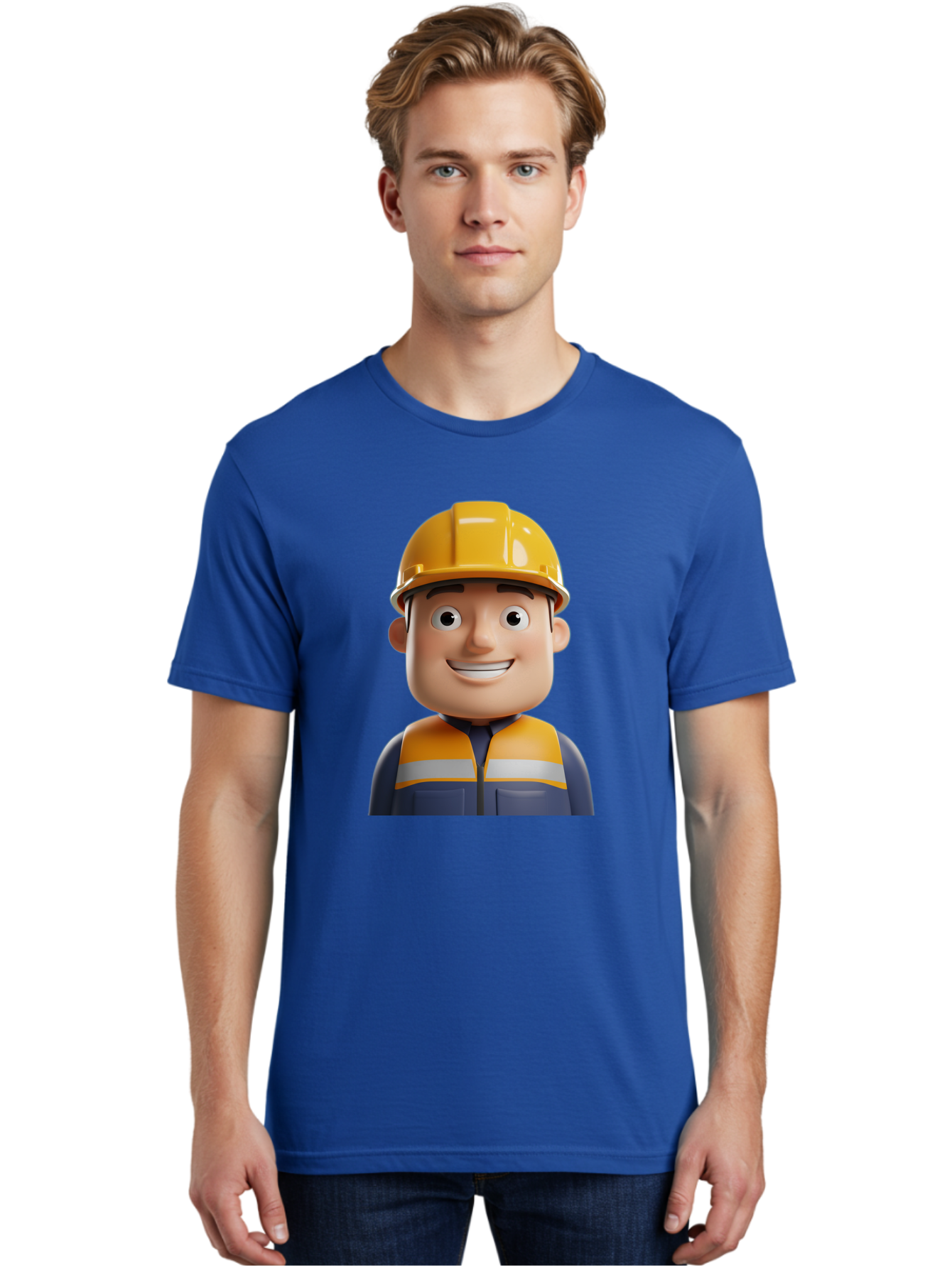 Construction-Worker-1 Men'S Graphic Tee, 100% Cotton, Comfortable Casual Summer Wear, Machine Washable, 3D Cartoon Character, Construction Worker, Hard Hat, Safety Vest, Reflective Stripes, Smiling Face, Blue Uniform, Yellow Helmet, Bac892