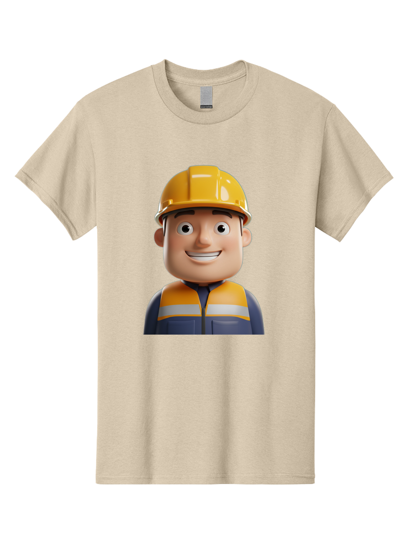 Construction-Worker-1 Men'S Graphic Tee, 100% Cotton, Comfortable Casual Summer Wear, Machine Washable, 3D Cartoon Character, Construction Worker, Hard Hat, Safety Vest, Reflective Stripes, Smiling Face, Blue Uniform, Yellow Helmet, Bac892