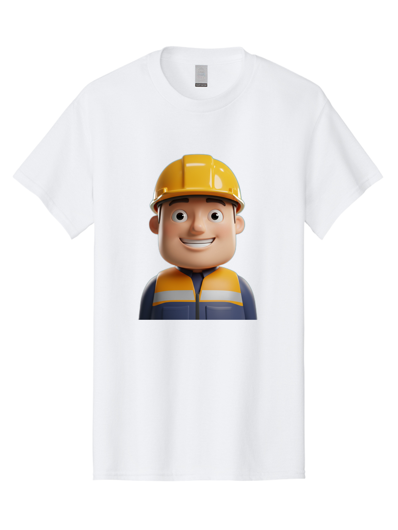 Construction-Worker-1 Men'S Graphic Tee, 100% Cotton, Comfortable Casual Summer Wear, Machine Washable, 3D Cartoon Character, Construction Worker, Hard Hat, Safety Vest, Reflective Stripes, Smiling Face, Blue Uniform, Yellow Helmet, Bac892