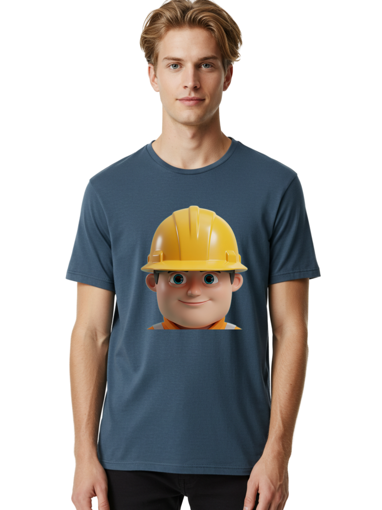 Construction-Worker-2 Men'S Graphic Tee, 100% Cotton, Comfortable Casual Summer Wear, Machine Washable, Cartoon Builder, Construction Worker, Yellow Hard Hat, Safety Helmet, Construction Site, Building Industry, Worker Safety, Bac893