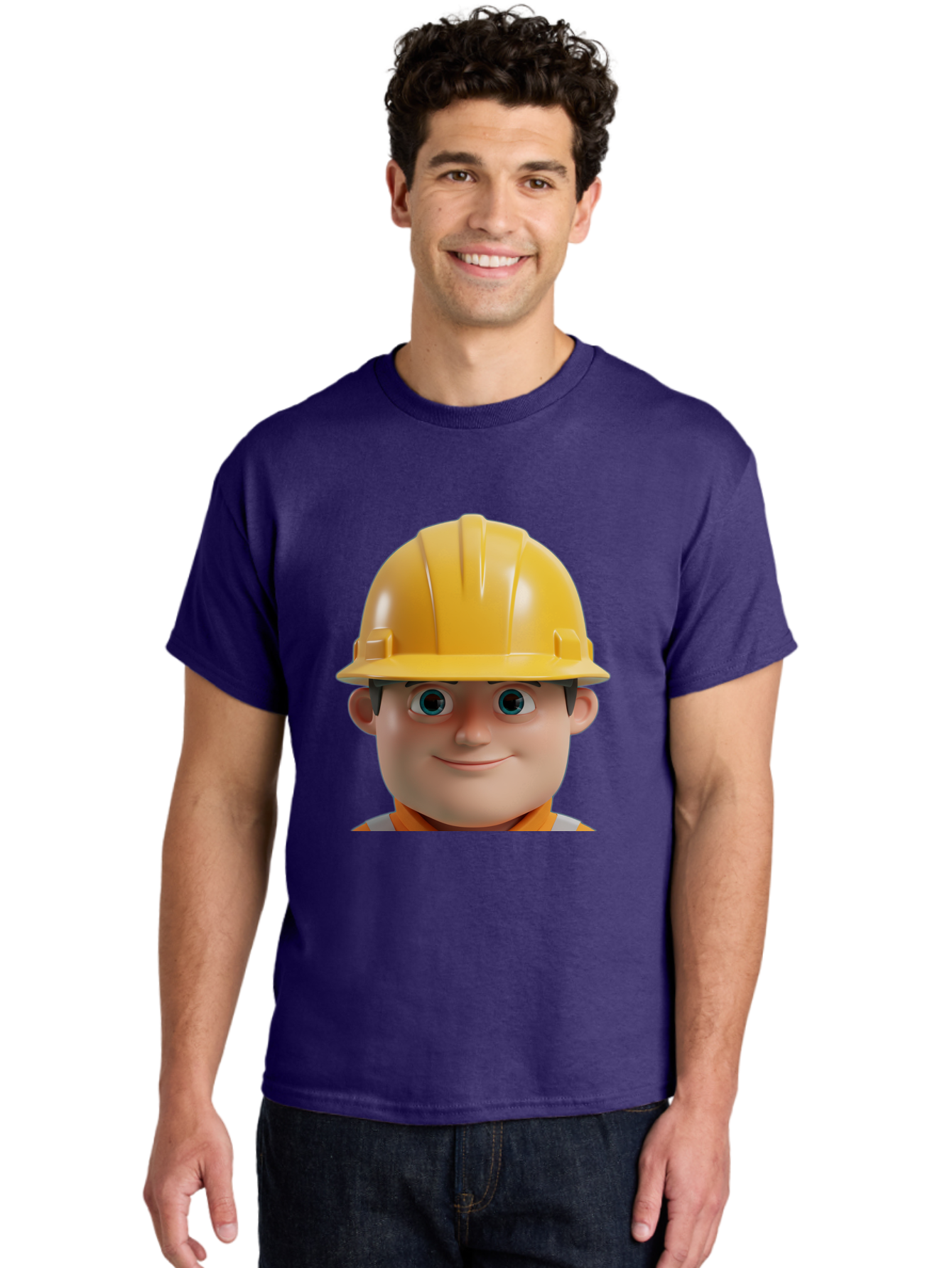 Construction-Worker-2 Men'S Graphic Tee, 100% Cotton, Comfortable Casual Summer Wear, Machine Washable, Cartoon Builder, Construction Worker, Yellow Hard Hat, Safety Helmet, Construction Site, Building Industry, Worker Safety, Bac893