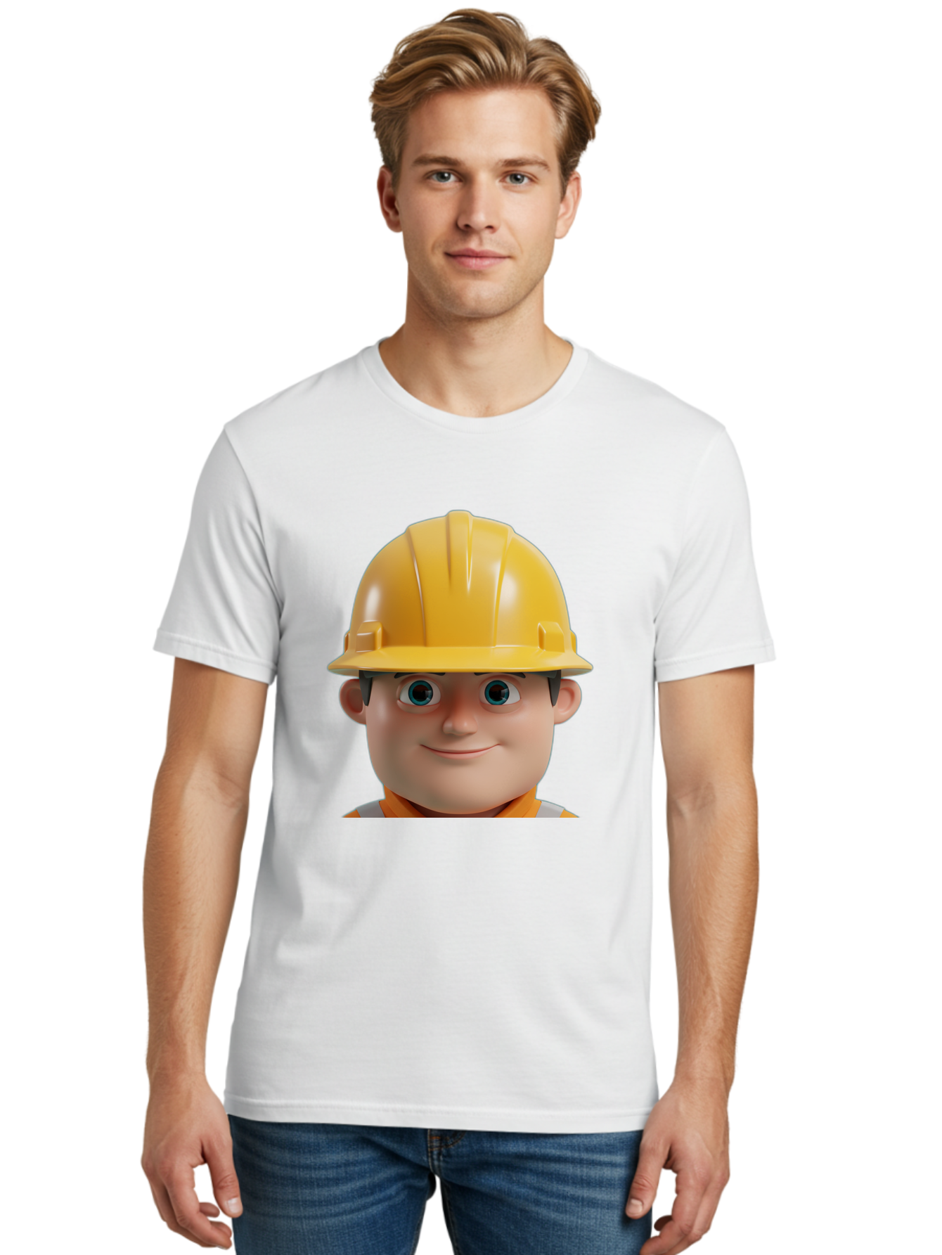 Construction-Worker-2 Men'S Graphic Tee, 100% Cotton, Comfortable Casual Summer Wear, Machine Washable, Cartoon Builder, Construction Worker, Yellow Hard Hat, Safety Helmet, Construction Site, Building Industry, Worker Safety, Bac893