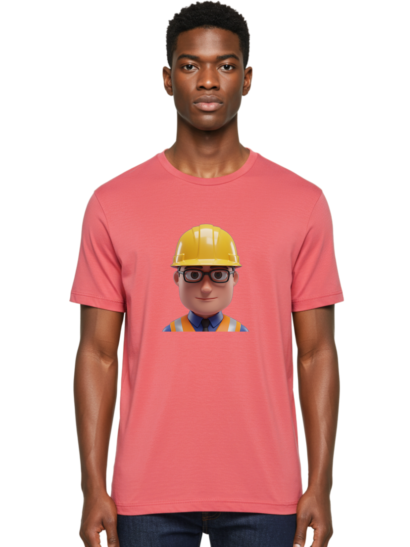 Construction-Worker-3 Men'S Graphic Tee, 100% Cotton, Comfortable Casual Summer Wear, Machine Washable, Construction Worker, Hard Hat, Safety Glasses, Reflective Vest, Blue Shirt, Black Tie, Cartoon Character, 3D Illustration, Bac894