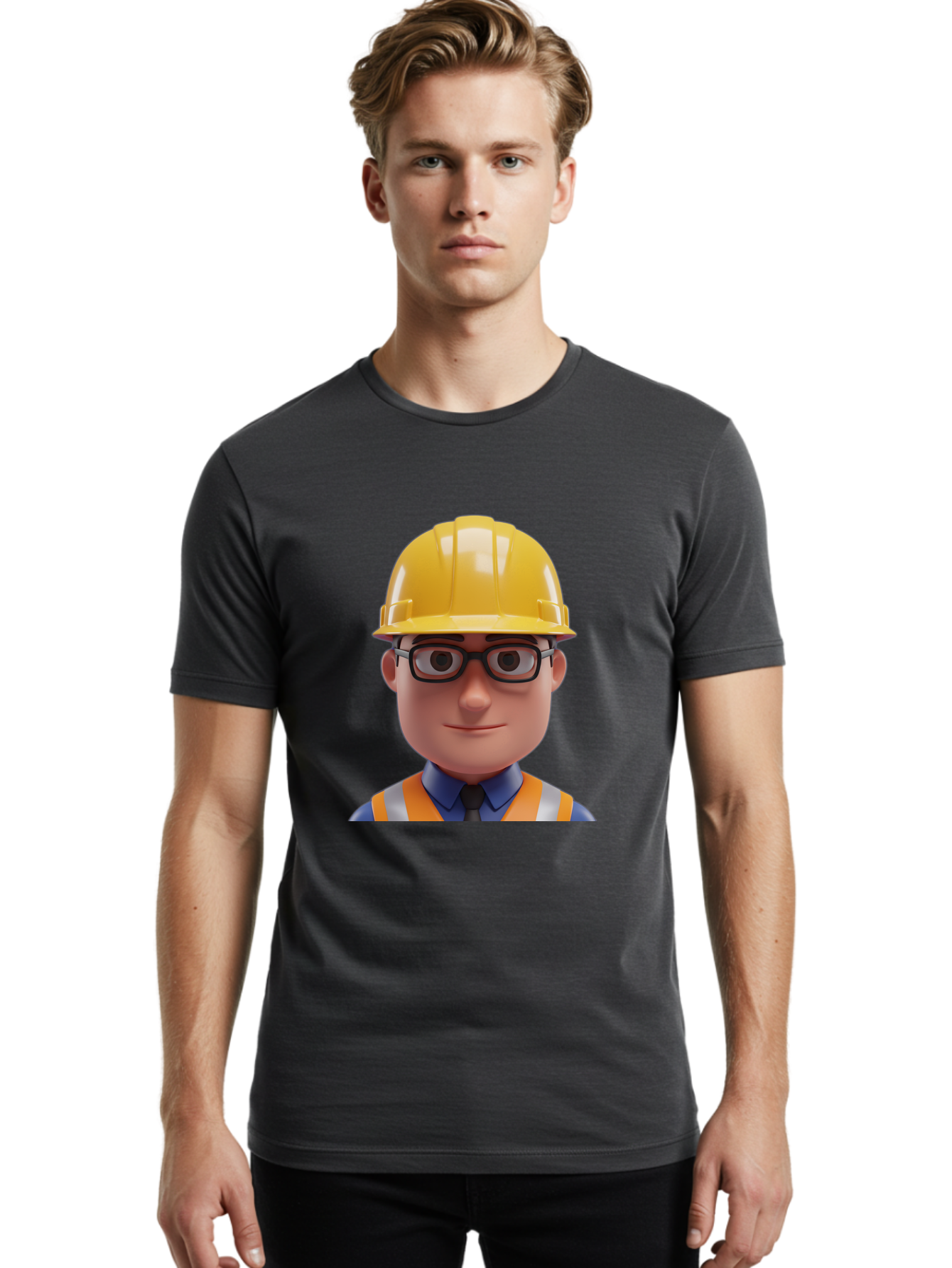 Construction-Worker-3 Men'S Graphic Tee, 100% Cotton, Comfortable Casual Summer Wear, Machine Washable, Construction Worker, Hard Hat, Safety Glasses, Reflective Vest, Blue Shirt, Black Tie, Cartoon Character, 3D Illustration, Bac894