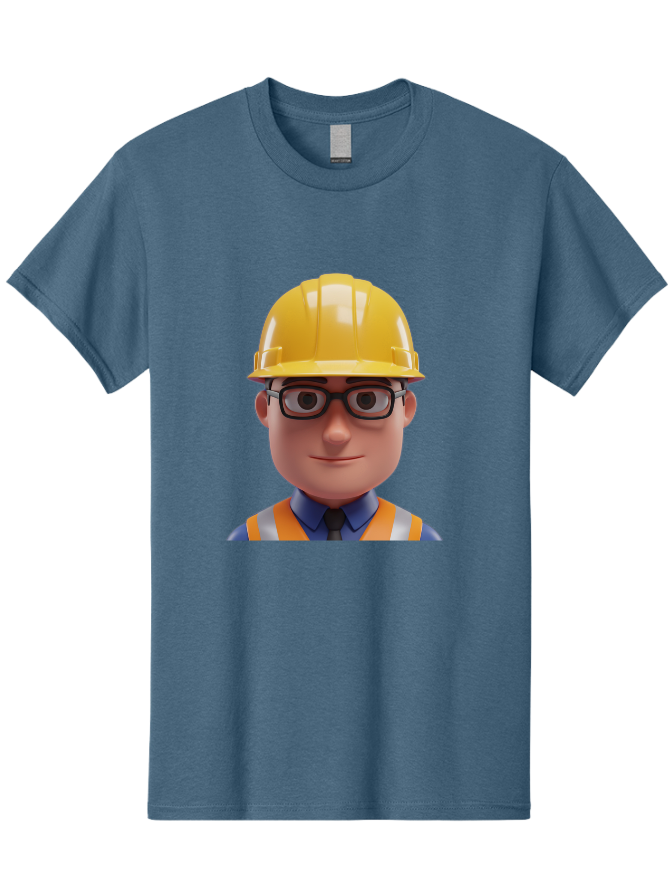 Construction-Worker-3 Men'S Graphic Tee, 100% Cotton, Comfortable Casual Summer Wear, Machine Washable, Construction Worker, Hard Hat, Safety Glasses, Reflective Vest, Blue Shirt, Black Tie, Cartoon Character, 3D Illustration, Bac894