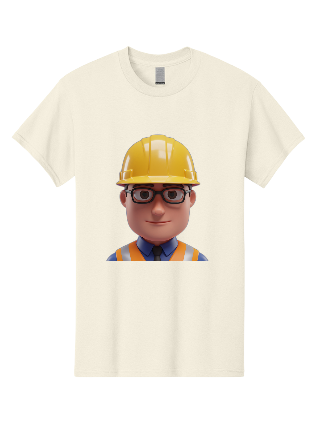 Construction-Worker-3 Men'S Graphic Tee, 100% Cotton, Comfortable Casual Summer Wear, Machine Washable, Construction Worker, Hard Hat, Safety Glasses, Reflective Vest, Blue Shirt, Black Tie, Cartoon Character, 3D Illustration, Bac894