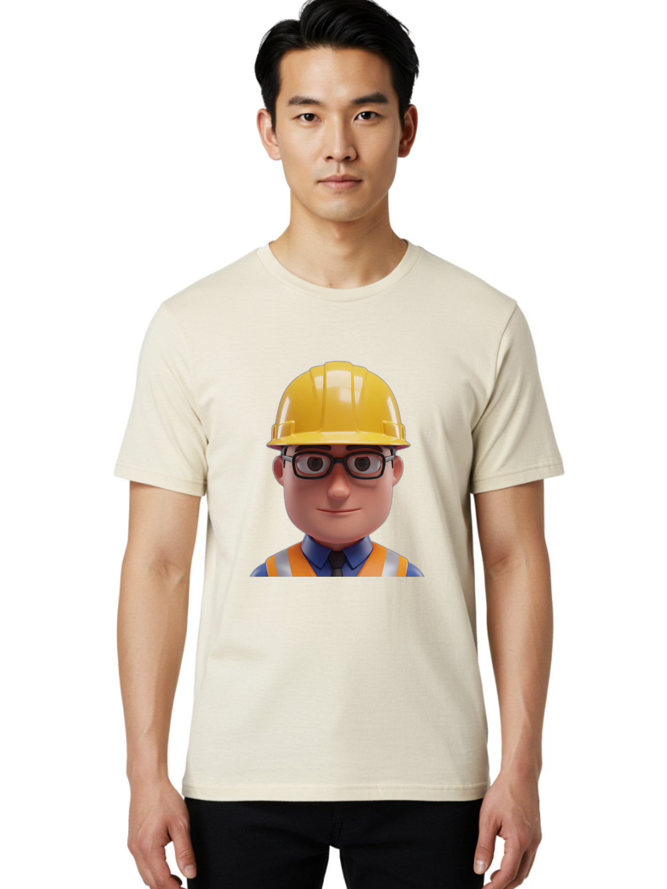 Construction-Worker-3 Men'S Graphic Tee, 100% Cotton, Comfortable Casual Summer Wear, Machine Washable, Construction Worker, Hard Hat, Safety Glasses, Reflective Vest, Blue Shirt, Black Tie, Cartoon Character, 3D Illustration, Bac894