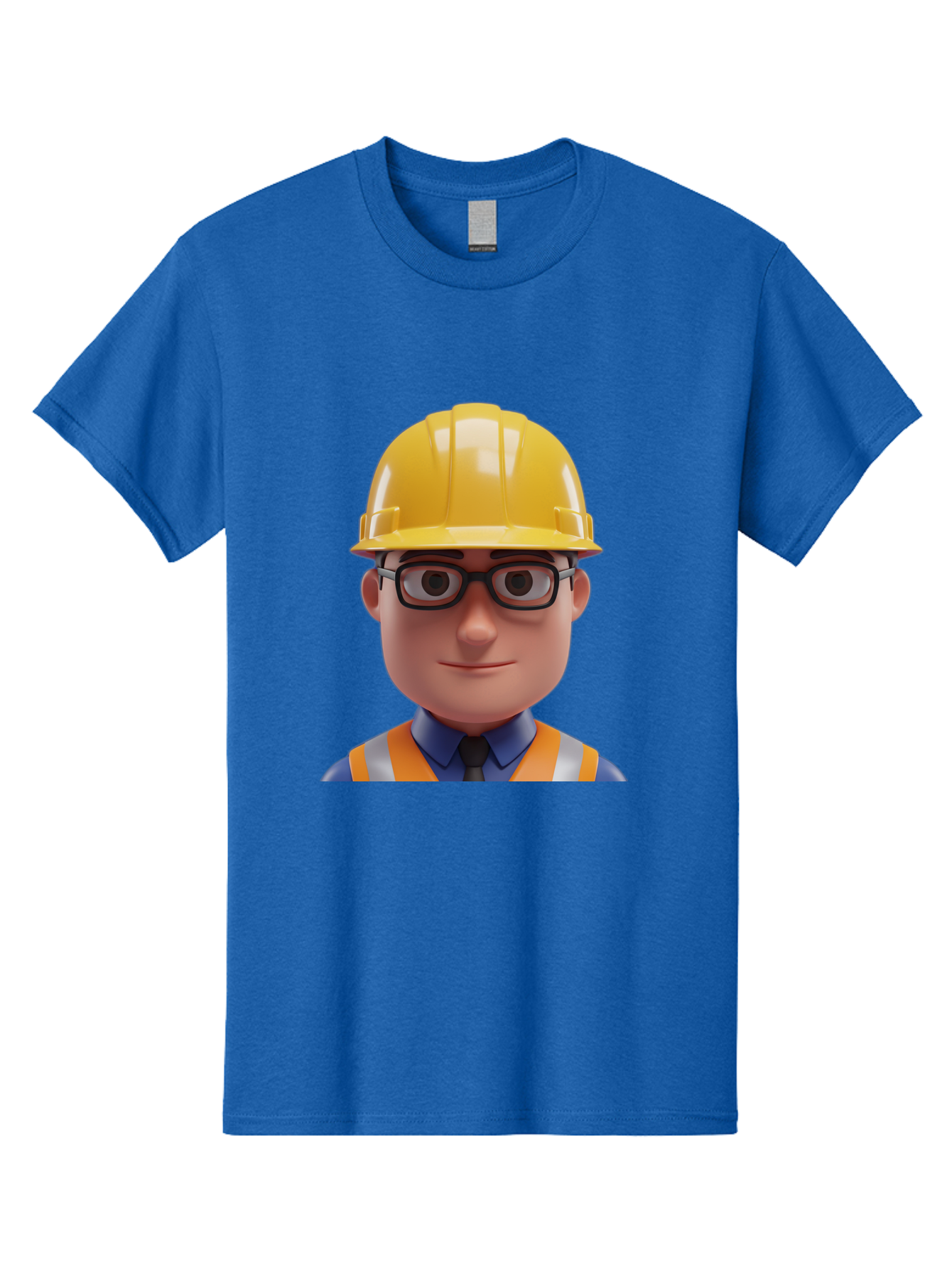 Construction-Worker-3 Men'S Graphic Tee, 100% Cotton, Comfortable Casual Summer Wear, Machine Washable, Construction Worker, Hard Hat, Safety Glasses, Reflective Vest, Blue Shirt, Black Tie, Cartoon Character, 3D Illustration, Bac894