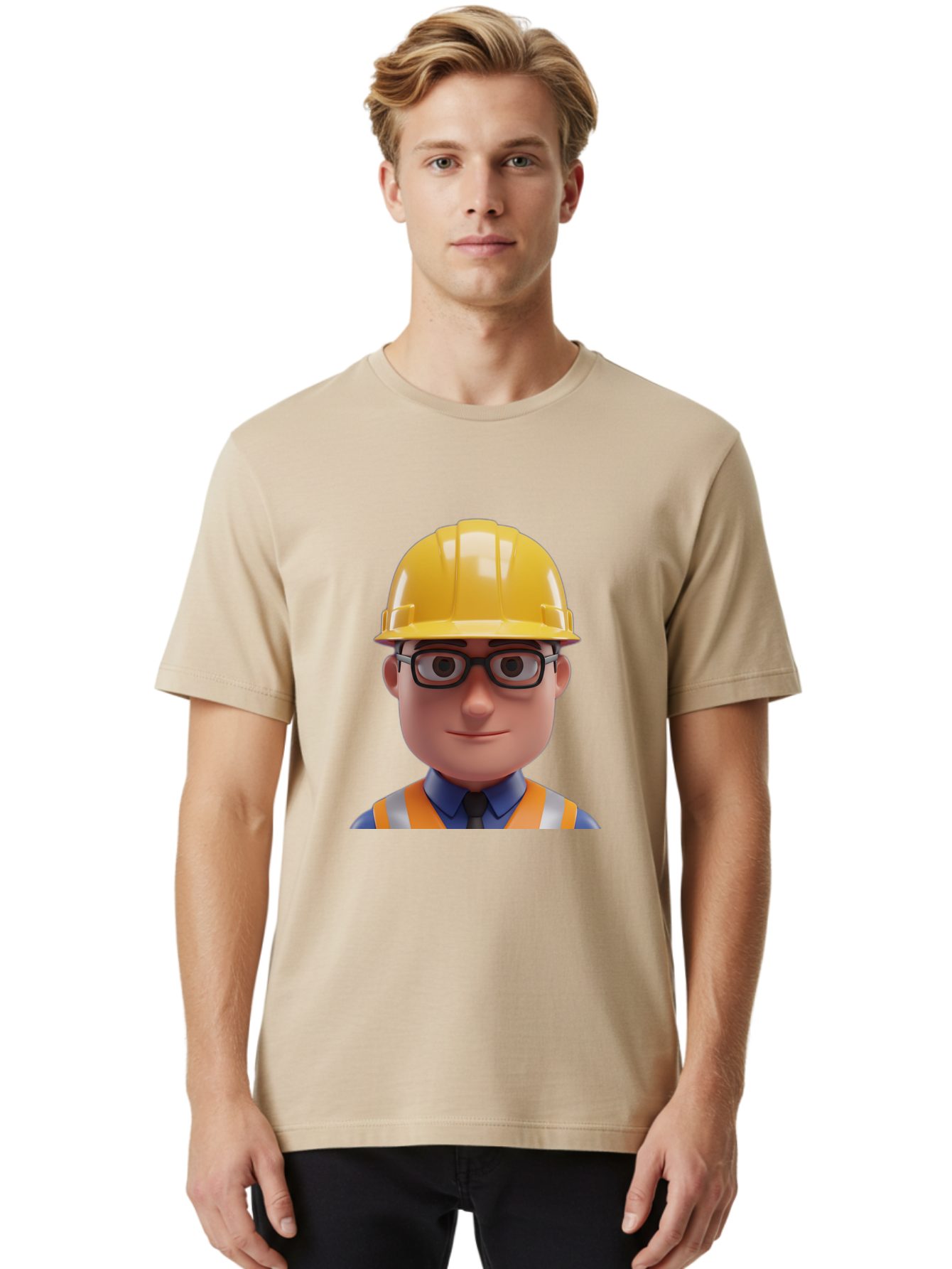 Construction-Worker-3 Men'S Graphic Tee, 100% Cotton, Comfortable Casual Summer Wear, Machine Washable, Construction Worker, Hard Hat, Safety Glasses, Reflective Vest, Blue Shirt, Black Tie, Cartoon Character, 3D Illustration, Bac894