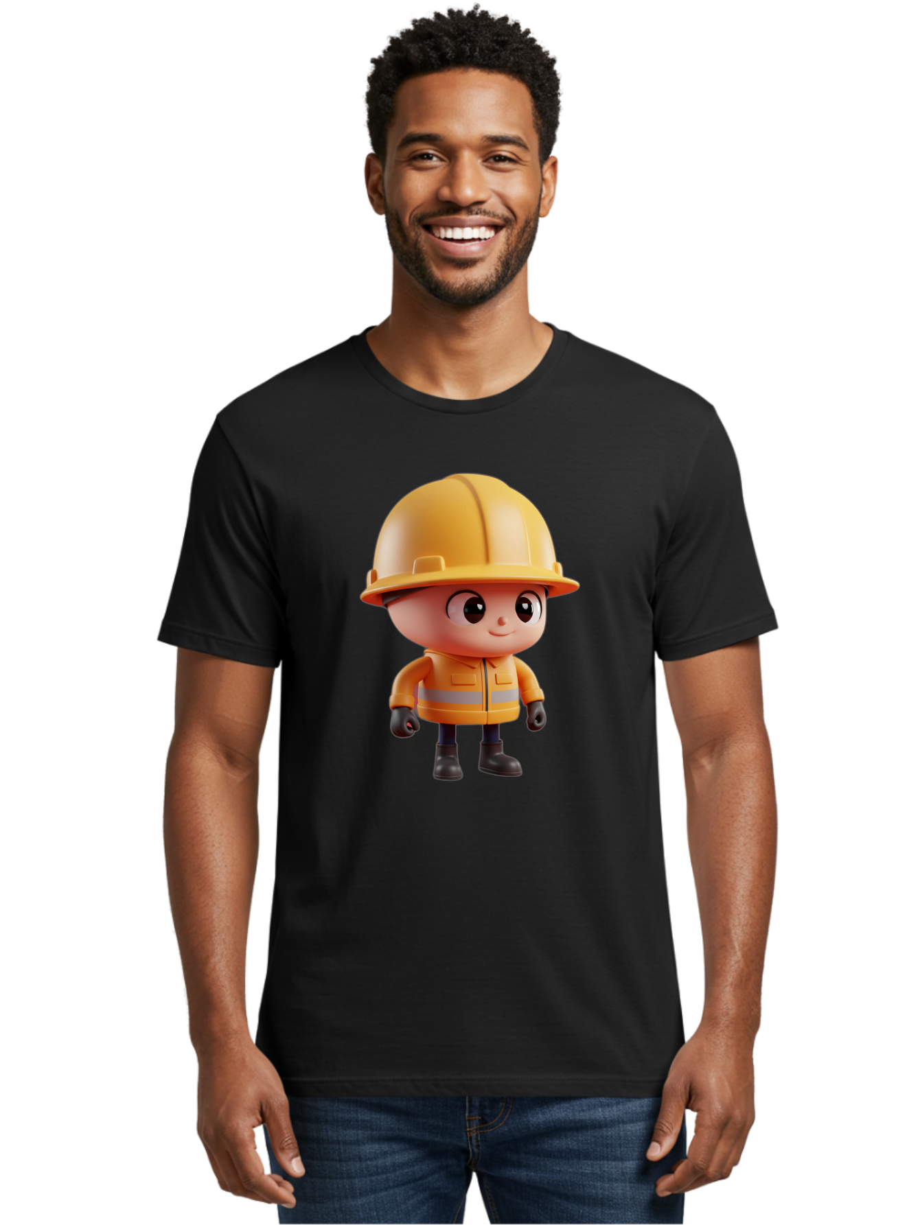 Construction-Worker Men'S Graphic Tee, 100% Cotton, Comfortable Casual Summer Wear, Machine Washable, 3D Cartoon Construction Worker, Yellow Hard Hat, Reflective Safety Jacket, Black Gloves, Cartoon Character, Construction Site, Safety Gear, Bac895