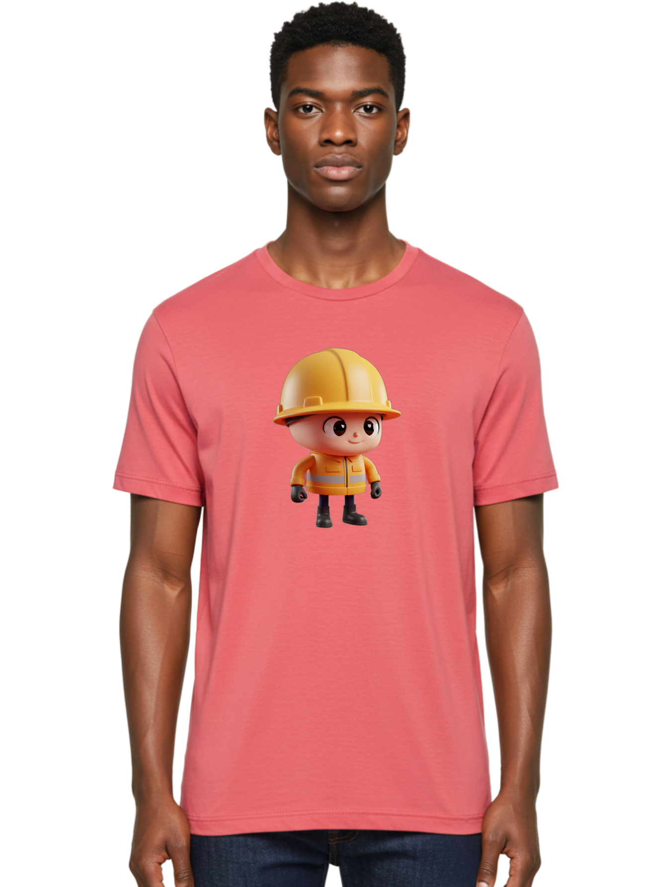 Construction-Worker Men'S Graphic Tee, 100% Cotton, Comfortable Casual Summer Wear, Machine Washable, 3D Cartoon Construction Worker, Yellow Hard Hat, Reflective Safety Jacket, Black Gloves, Cartoon Character, Construction Site, Safety Gear, Bac895
