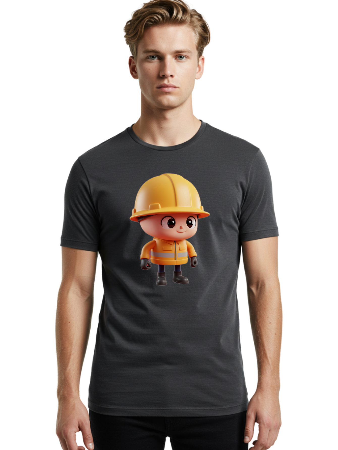 Construction-Worker Men'S Graphic Tee, 100% Cotton, Comfortable Casual Summer Wear, Machine Washable, 3D Cartoon Construction Worker, Yellow Hard Hat, Reflective Safety Jacket, Black Gloves, Cartoon Character, Construction Site, Safety Gear, Bac895