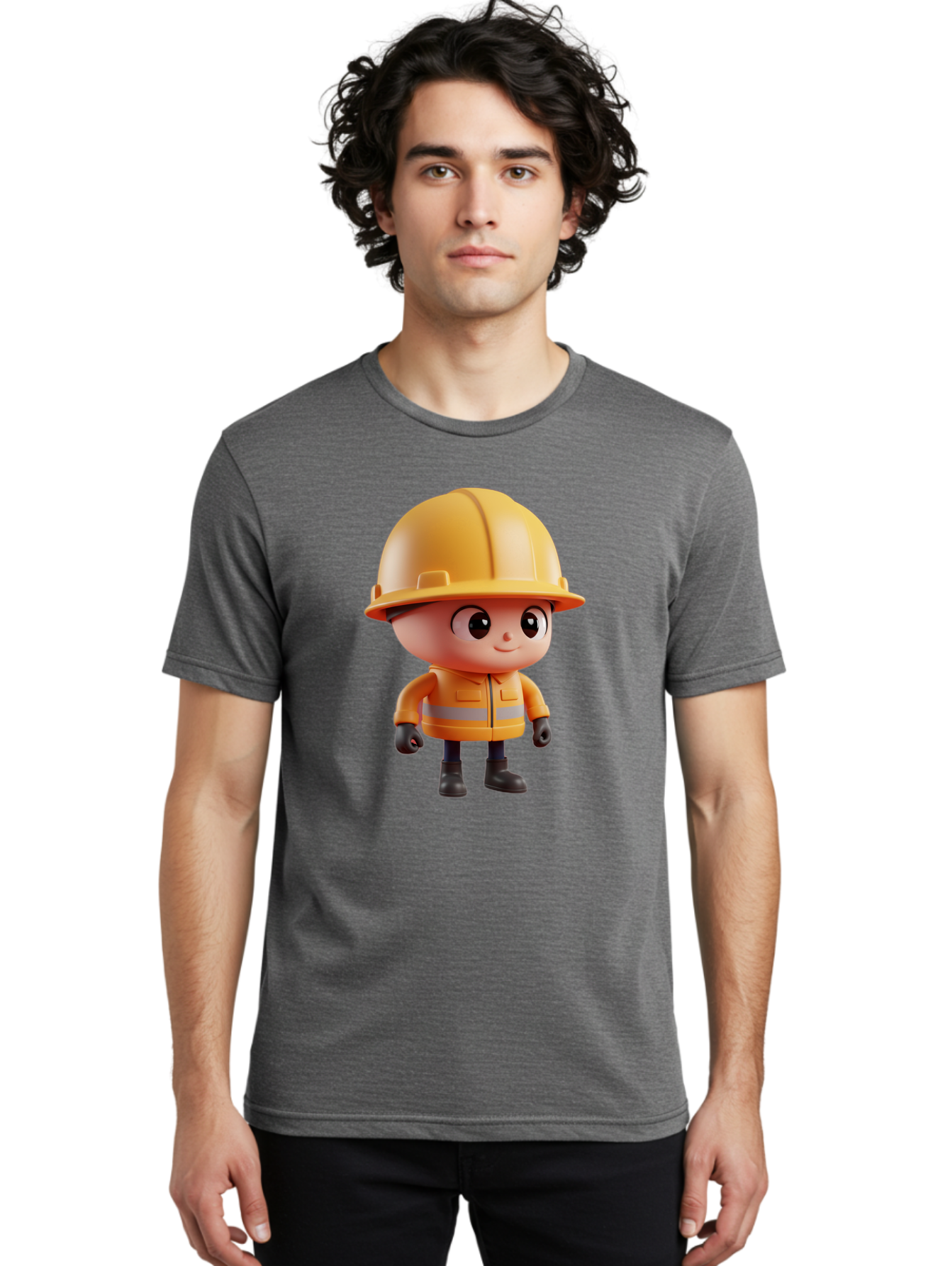 Construction-Worker Men'S Graphic Tee, 100% Cotton, Comfortable Casual Summer Wear, Machine Washable, 3D Cartoon Construction Worker, Yellow Hard Hat, Reflective Safety Jacket, Black Gloves, Cartoon Character, Construction Site, Safety Gear, Bac895