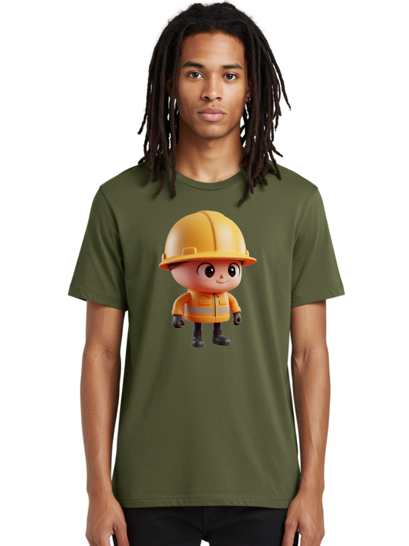 Construction-Worker Men'S Graphic Tee, 100% Cotton, Comfortable Casual Summer Wear, Machine Washable, 3D Cartoon Construction Worker, Yellow Hard Hat, Reflective Safety Jacket, Black Gloves, Cartoon Character, Construction Site, Safety Gear, Bac895