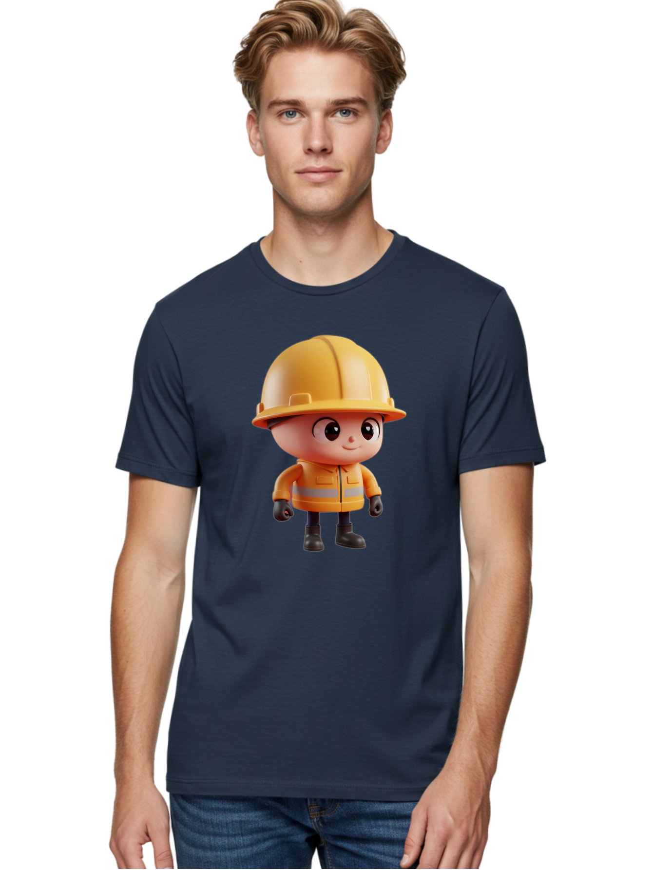 Construction-Worker Men'S Graphic Tee, 100% Cotton, Comfortable Casual Summer Wear, Machine Washable, 3D Cartoon Construction Worker, Yellow Hard Hat, Reflective Safety Jacket, Black Gloves, Cartoon Character, Construction Site, Safety Gear, Bac895