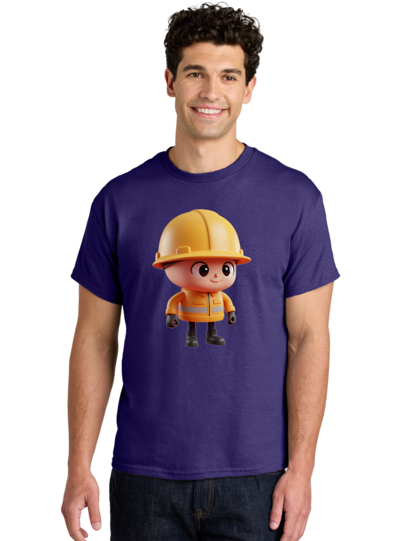 Construction-Worker Men'S Graphic Tee, 100% Cotton, Comfortable Casual Summer Wear, Machine Washable, 3D Cartoon Construction Worker, Yellow Hard Hat, Reflective Safety Jacket, Black Gloves, Cartoon Character, Construction Site, Safety Gear, Bac895