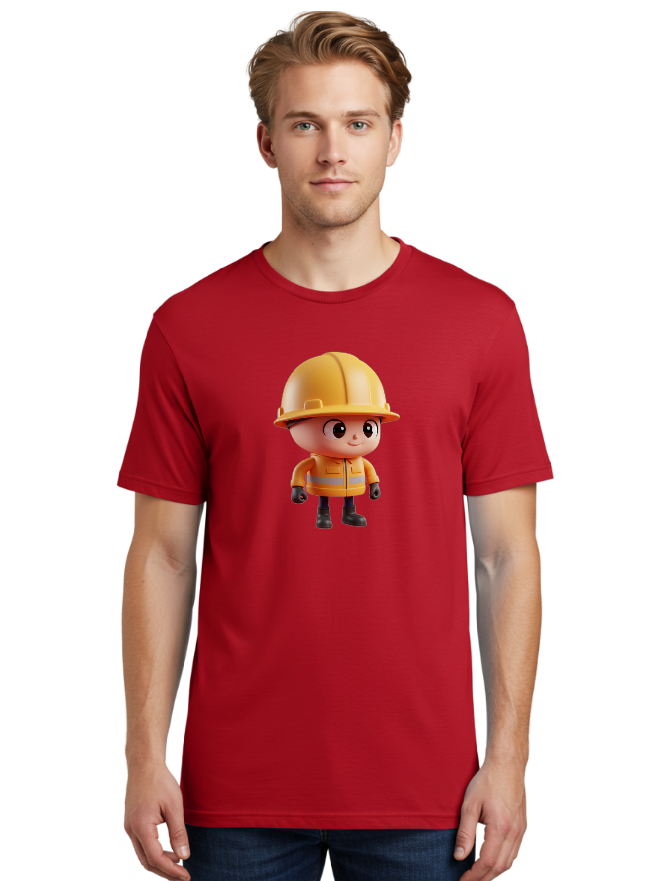 Construction-Worker Men'S Graphic Tee, 100% Cotton, Comfortable Casual Summer Wear, Machine Washable, 3D Cartoon Construction Worker, Yellow Hard Hat, Reflective Safety Jacket, Black Gloves, Cartoon Character, Construction Site, Safety Gear, Bac895