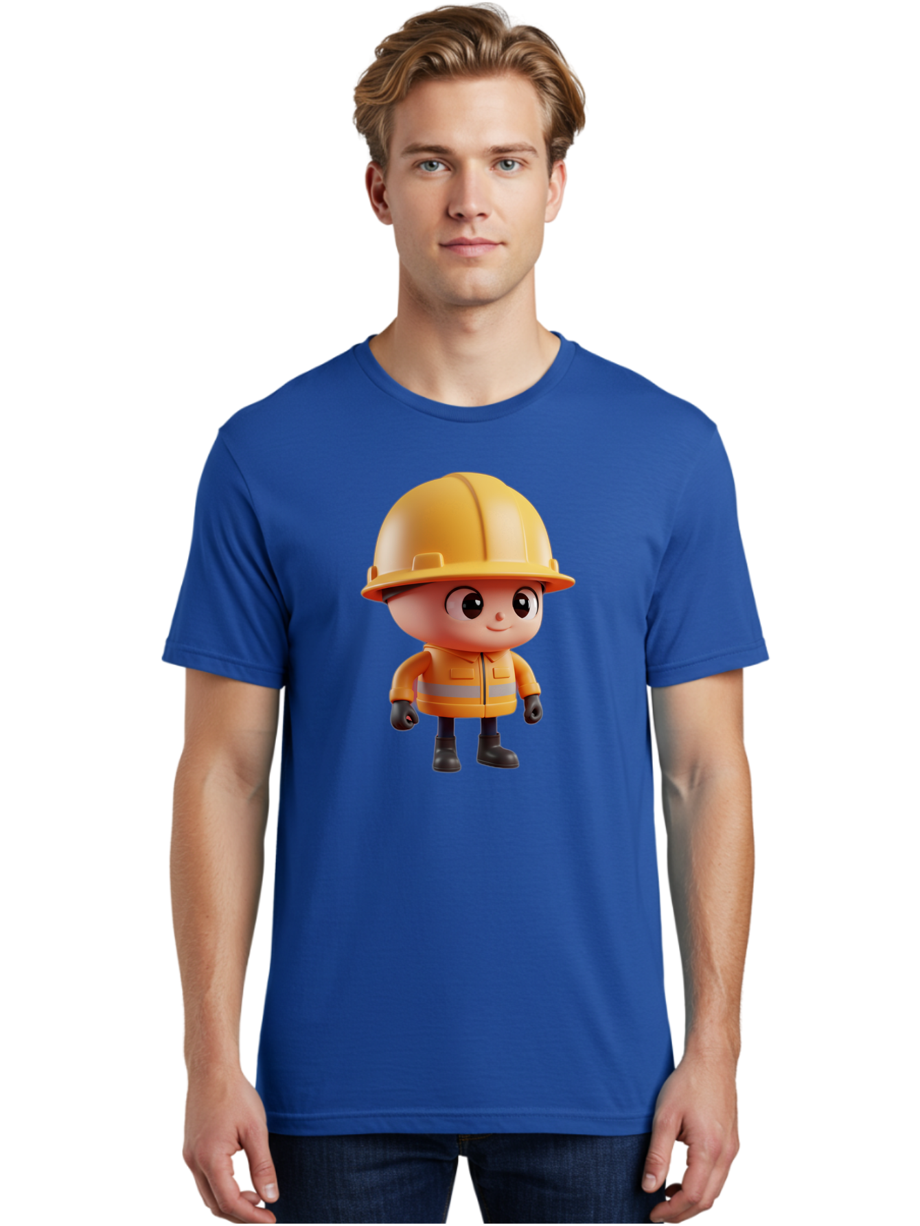 Construction-Worker Men'S Graphic Tee, 100% Cotton, Comfortable Casual Summer Wear, Machine Washable, 3D Cartoon Construction Worker, Yellow Hard Hat, Reflective Safety Jacket, Black Gloves, Cartoon Character, Construction Site, Safety Gear, Bac895