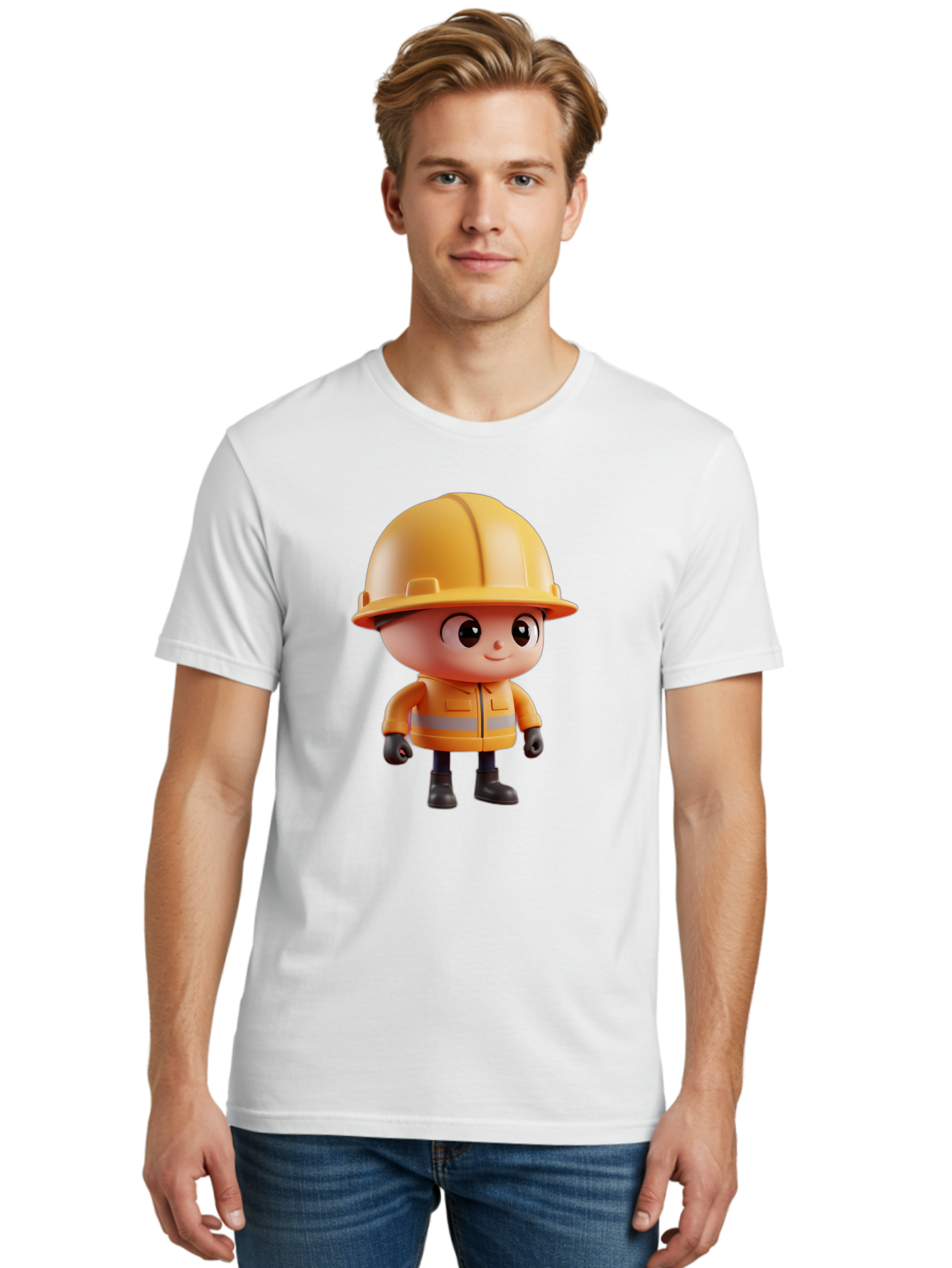 Construction-Worker Men'S Graphic Tee, 100% Cotton, Comfortable Casual Summer Wear, Machine Washable, 3D Cartoon Construction Worker, Yellow Hard Hat, Reflective Safety Jacket, Black Gloves, Cartoon Character, Construction Site, Safety Gear, Bac895