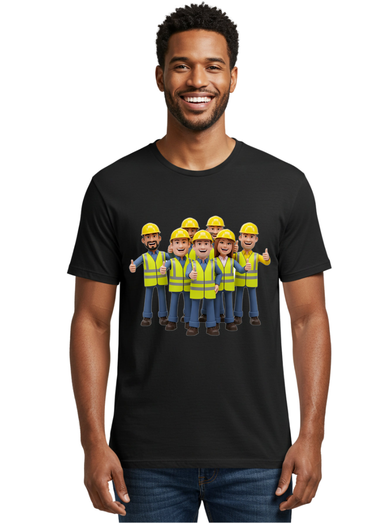 Construction-Workers Men'S Graphic Tee, 100% Cotton, Comfortable Casual Summer Wear, Machine Washable, Construction Workers, Team Collaboration, Safety Gear, Yellow Hard Hats, Reflective Vests, Thumbs Up, Unity, Workplace Harmony, Bac896
