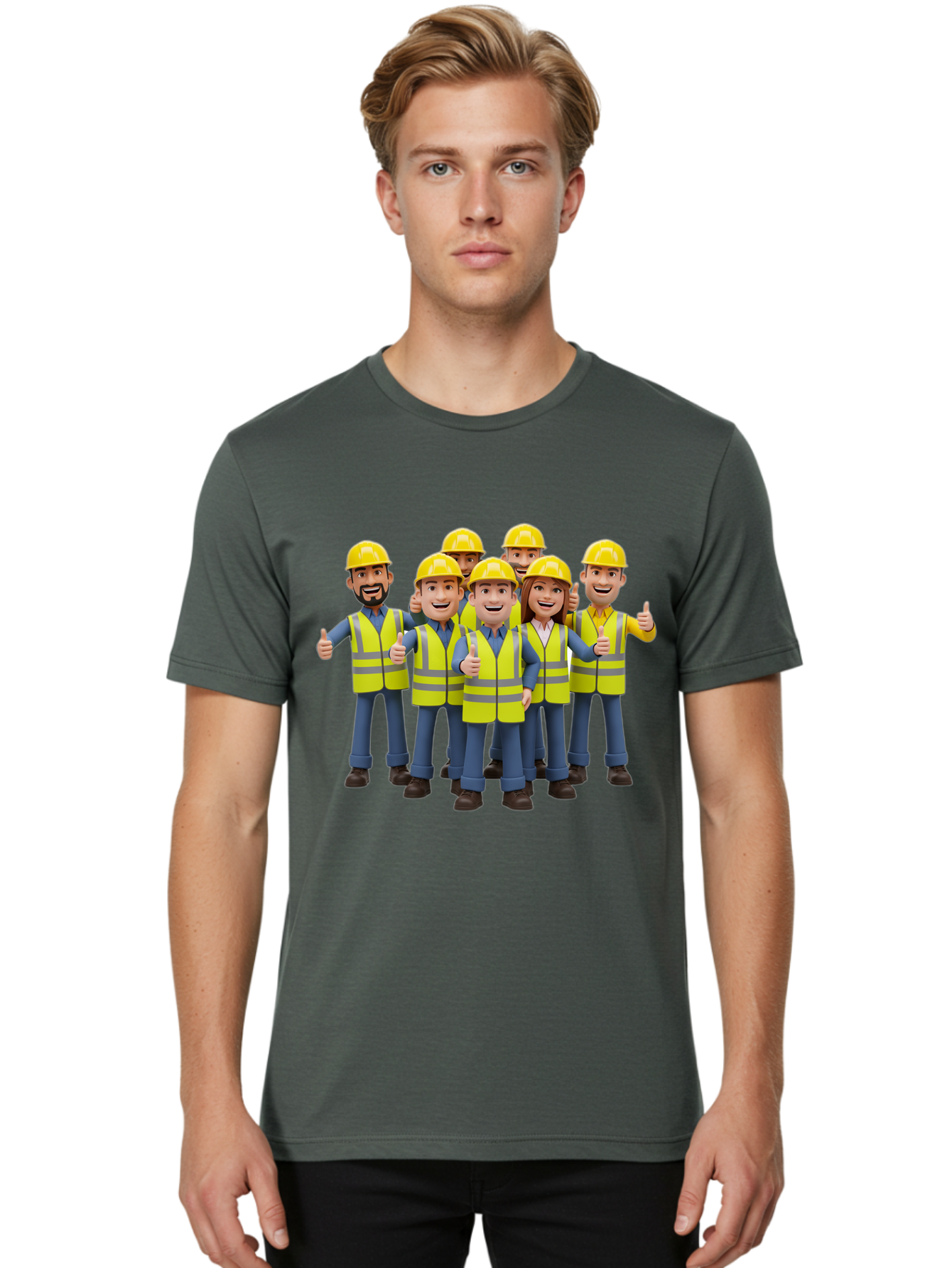 Construction-Workers Men'S Graphic Tee, 100% Cotton, Comfortable Casual Summer Wear, Machine Washable, Construction Workers, Team Collaboration, Safety Gear, Yellow Hard Hats, Reflective Vests, Thumbs Up, Unity, Workplace Harmony, Bac896