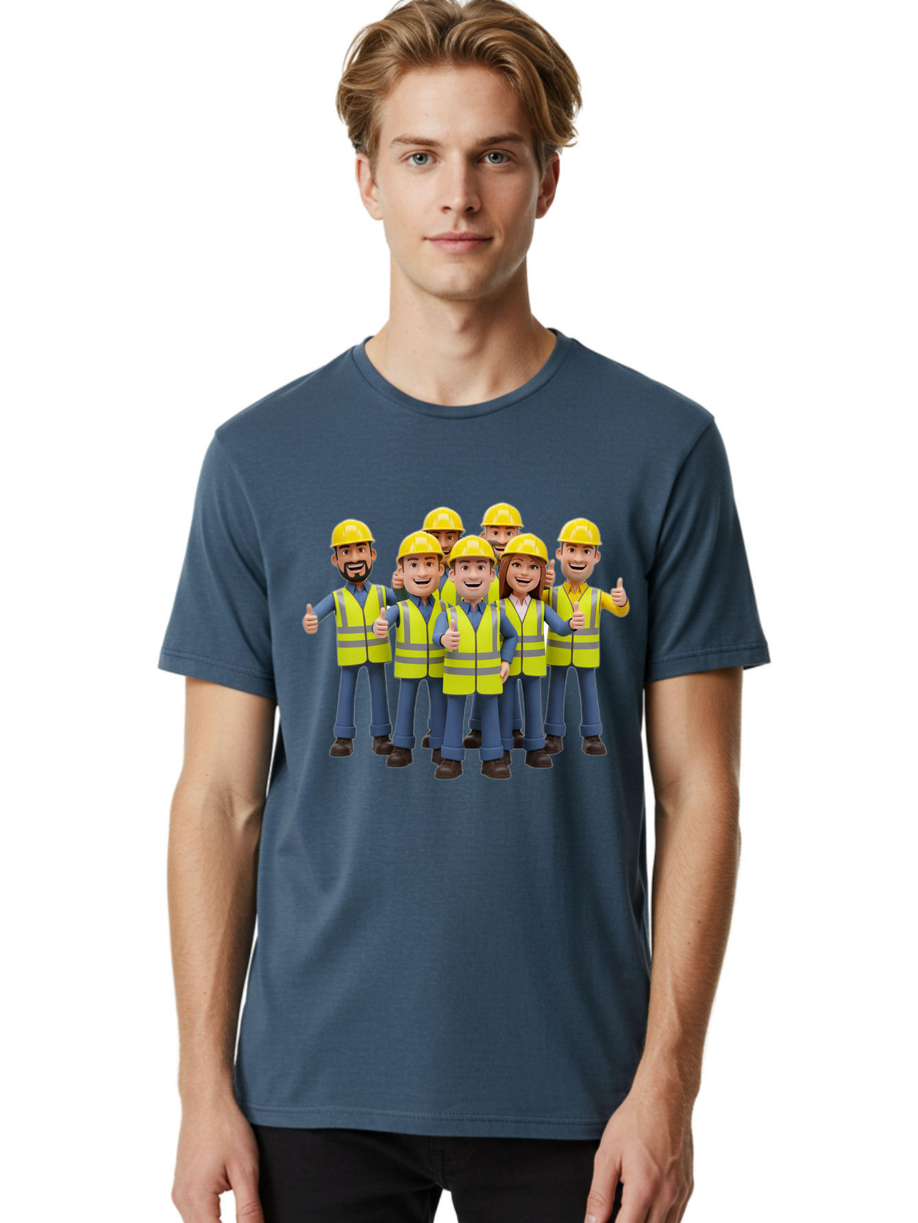 Construction-Workers Men'S Graphic Tee, 100% Cotton, Comfortable Casual Summer Wear, Machine Washable, Construction Workers, Team Collaboration, Safety Gear, Yellow Hard Hats, Reflective Vests, Thumbs Up, Unity, Workplace Harmony, Bac896