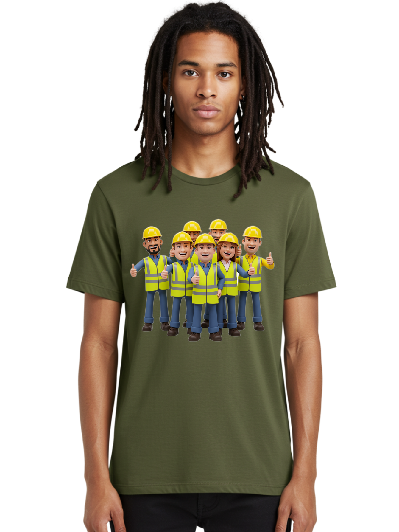 Construction-Workers Men'S Graphic Tee, 100% Cotton, Comfortable Casual Summer Wear, Machine Washable, Construction Workers, Team Collaboration, Safety Gear, Yellow Hard Hats, Reflective Vests, Thumbs Up, Unity, Workplace Harmony, Bac896