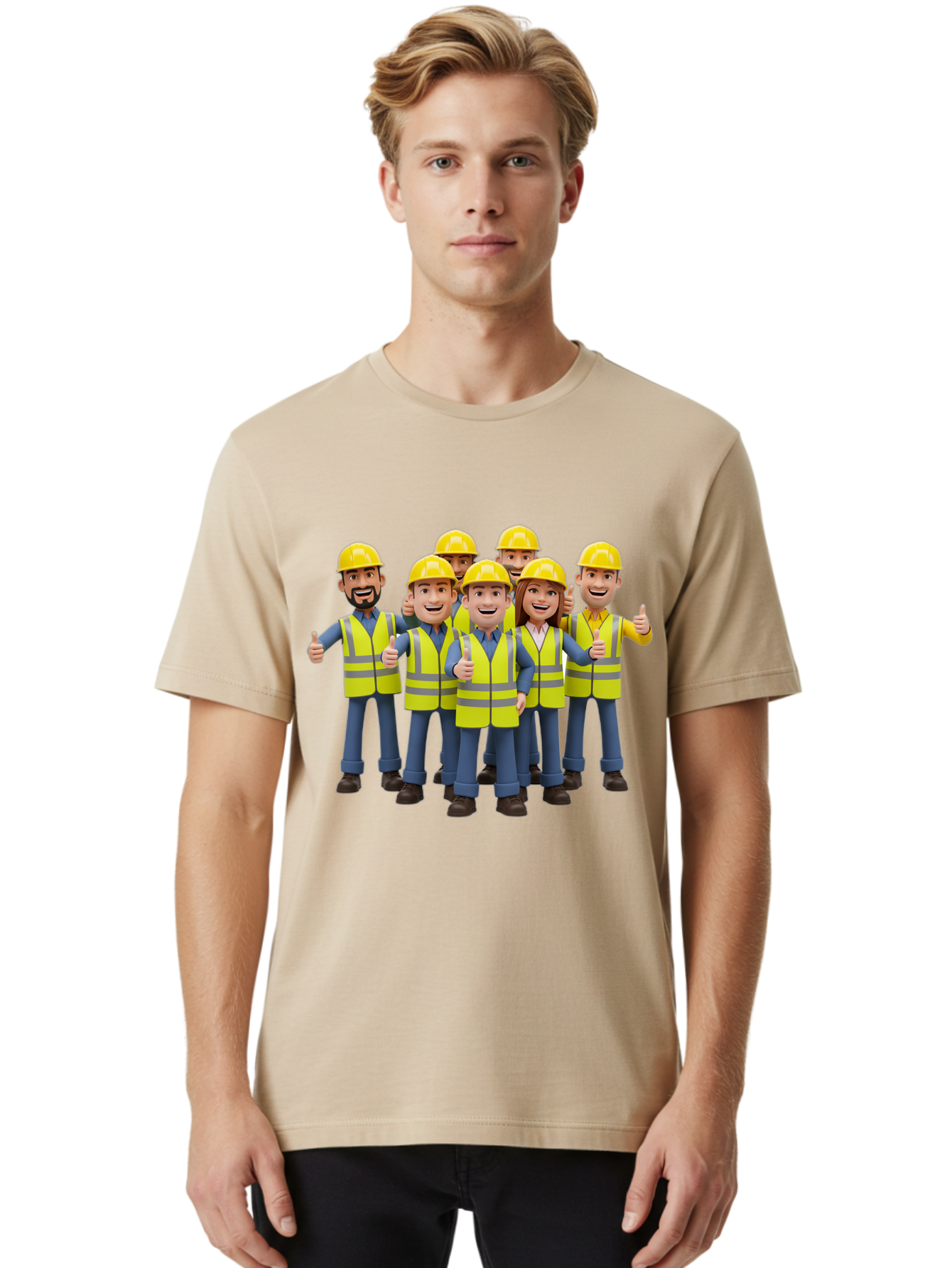Construction-Workers Men'S Graphic Tee, 100% Cotton, Comfortable Casual Summer Wear, Machine Washable, Construction Workers, Team Collaboration, Safety Gear, Yellow Hard Hats, Reflective Vests, Thumbs Up, Unity, Workplace Harmony, Bac896